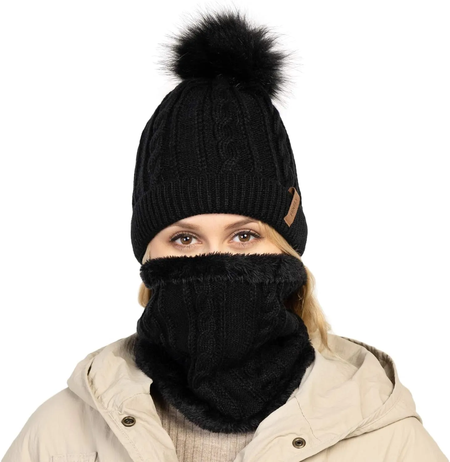 3Pcs Winter Women Beanie Hat Scarf and Touch Screen Gloves Sets Girls Classic Knit Warm Chunky Fleece Lined Cable Cap