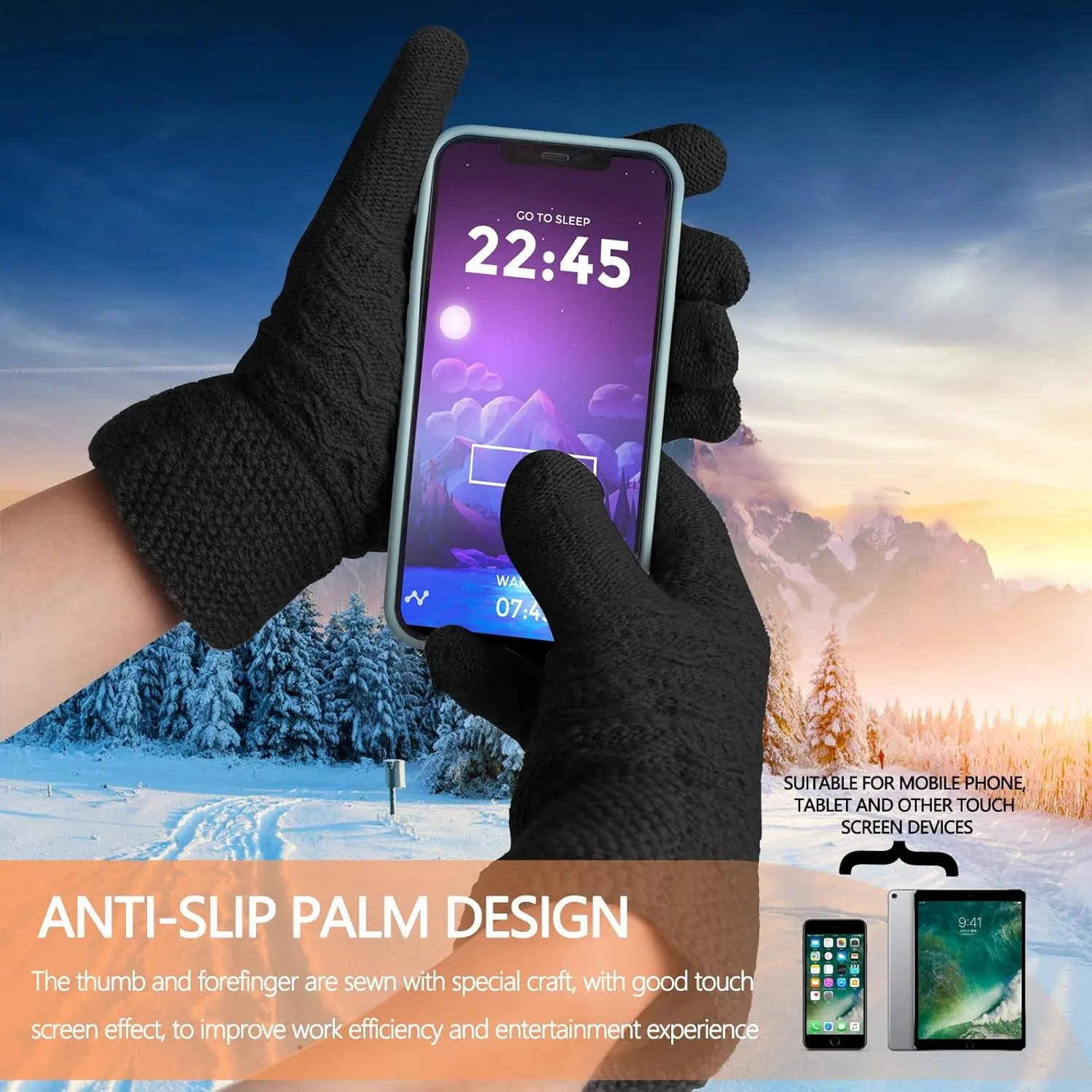 3Pcs Winter Women Beanie Hat Scarf and Touch Screen Gloves Sets Girls Classic Knit Warm Chunky Fleece Lined Cable Cap
