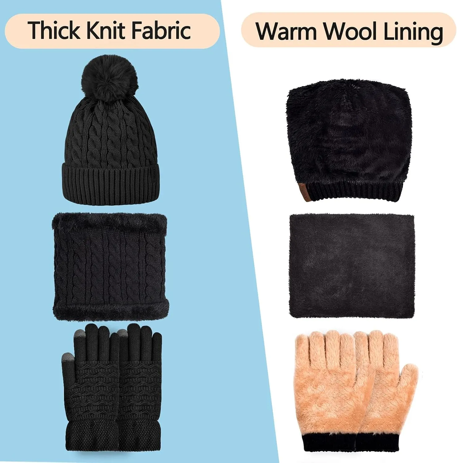 3Pcs Winter Women Beanie Hat Scarf and Touch Screen Gloves Sets Girls Classic Knit Warm Chunky Fleece Lined Cable Cap