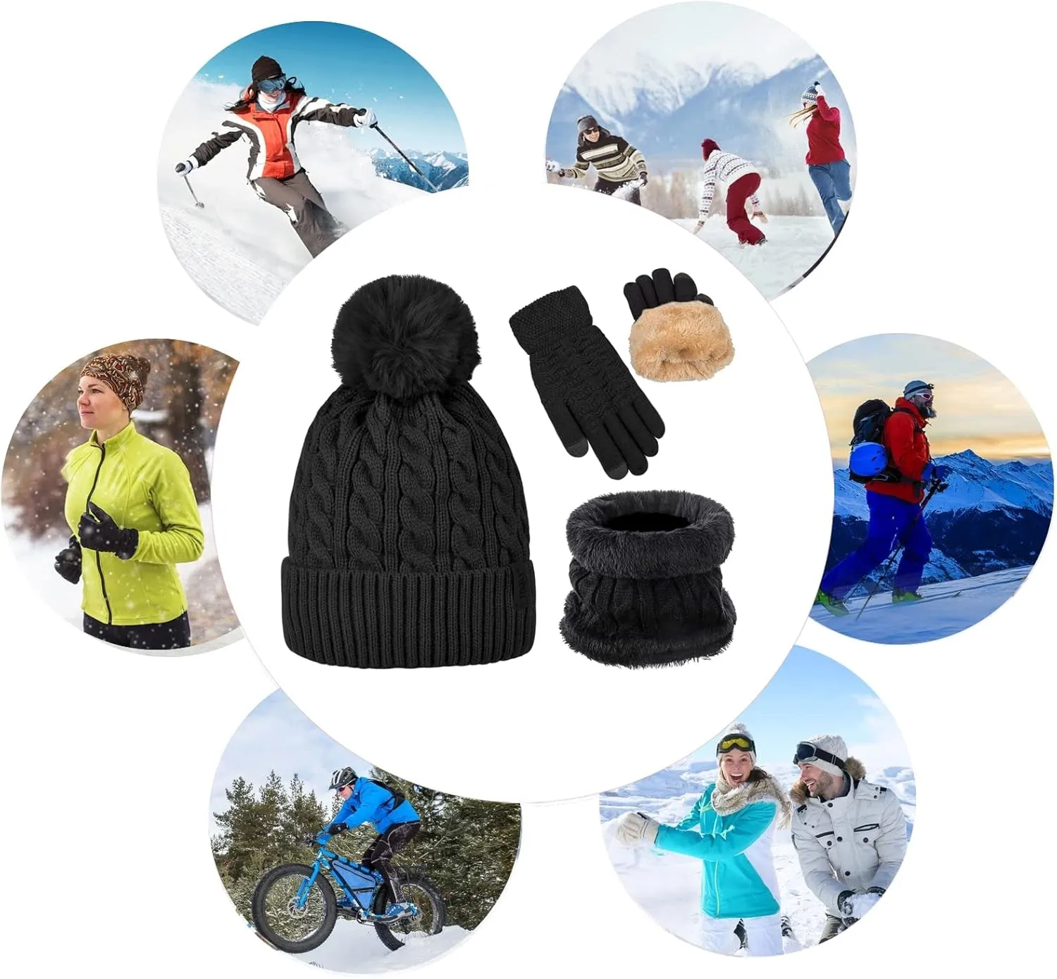 3Pcs Winter Women Beanie Hat Scarf and Touch Screen Gloves Sets Girls Classic Knit Warm Chunky Fleece Lined Cable Cap