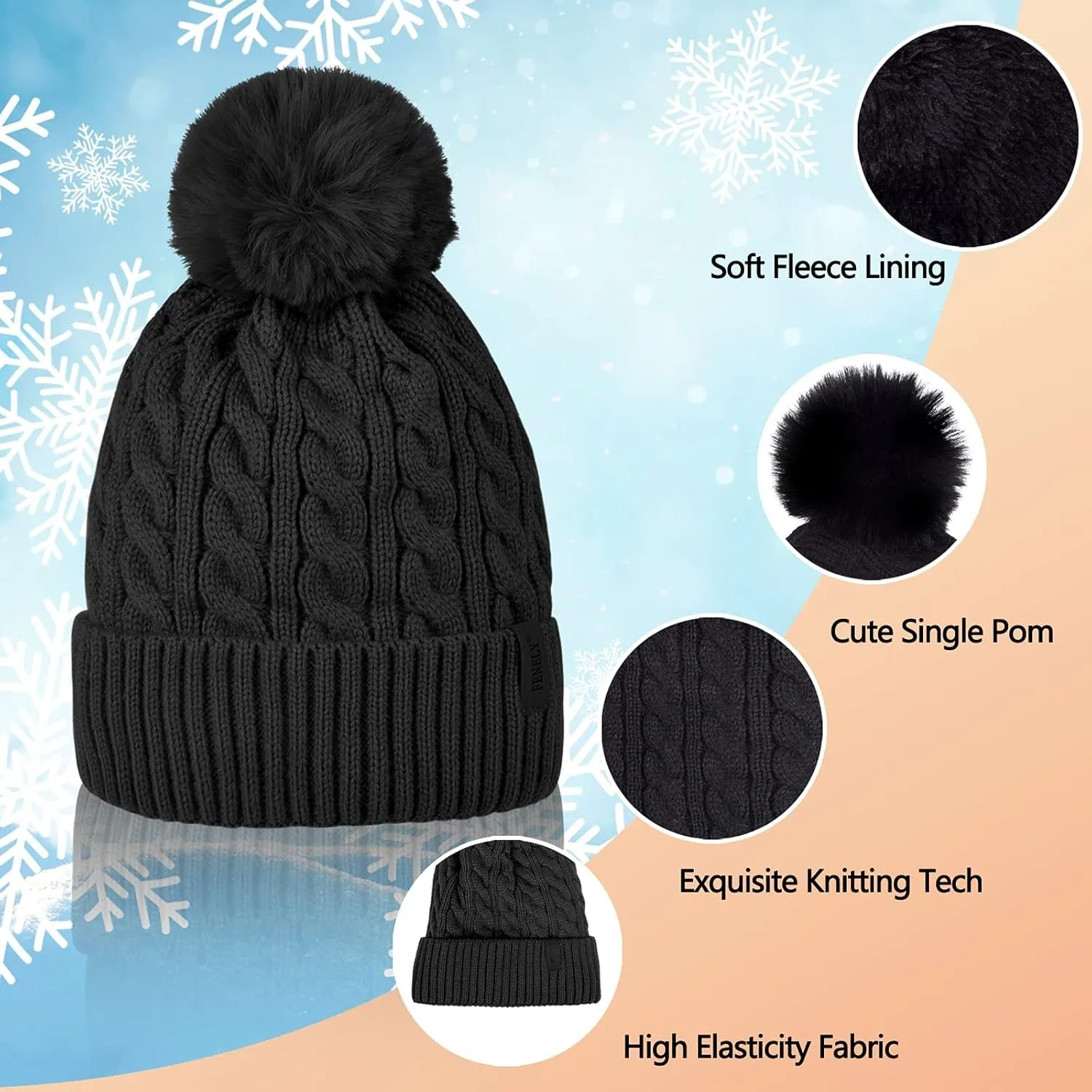 3Pcs Winter Women Beanie Hat Scarf and Touch Screen Gloves Sets Girls Classic Knit Warm Chunky Fleece Lined Cable Cap