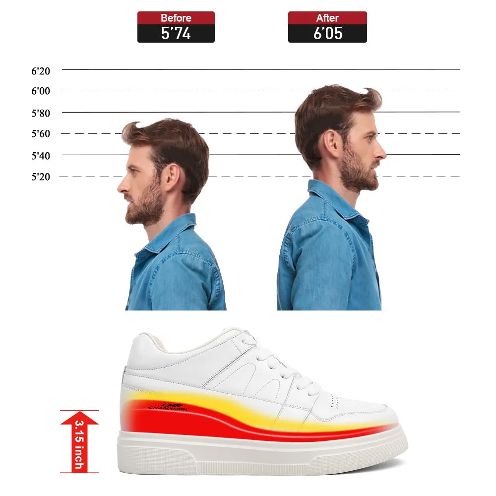 8 CM/3.15 Inches CMR CHAMARIPA Stylish White Leather Elevator Sneakers for Men