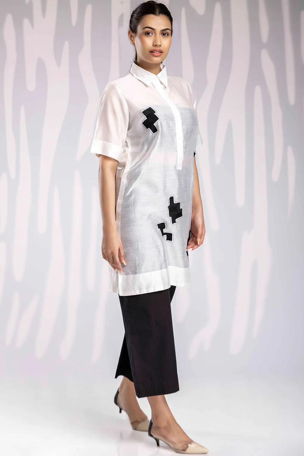 Aplic Work Silk Chanderi Set - White & Black