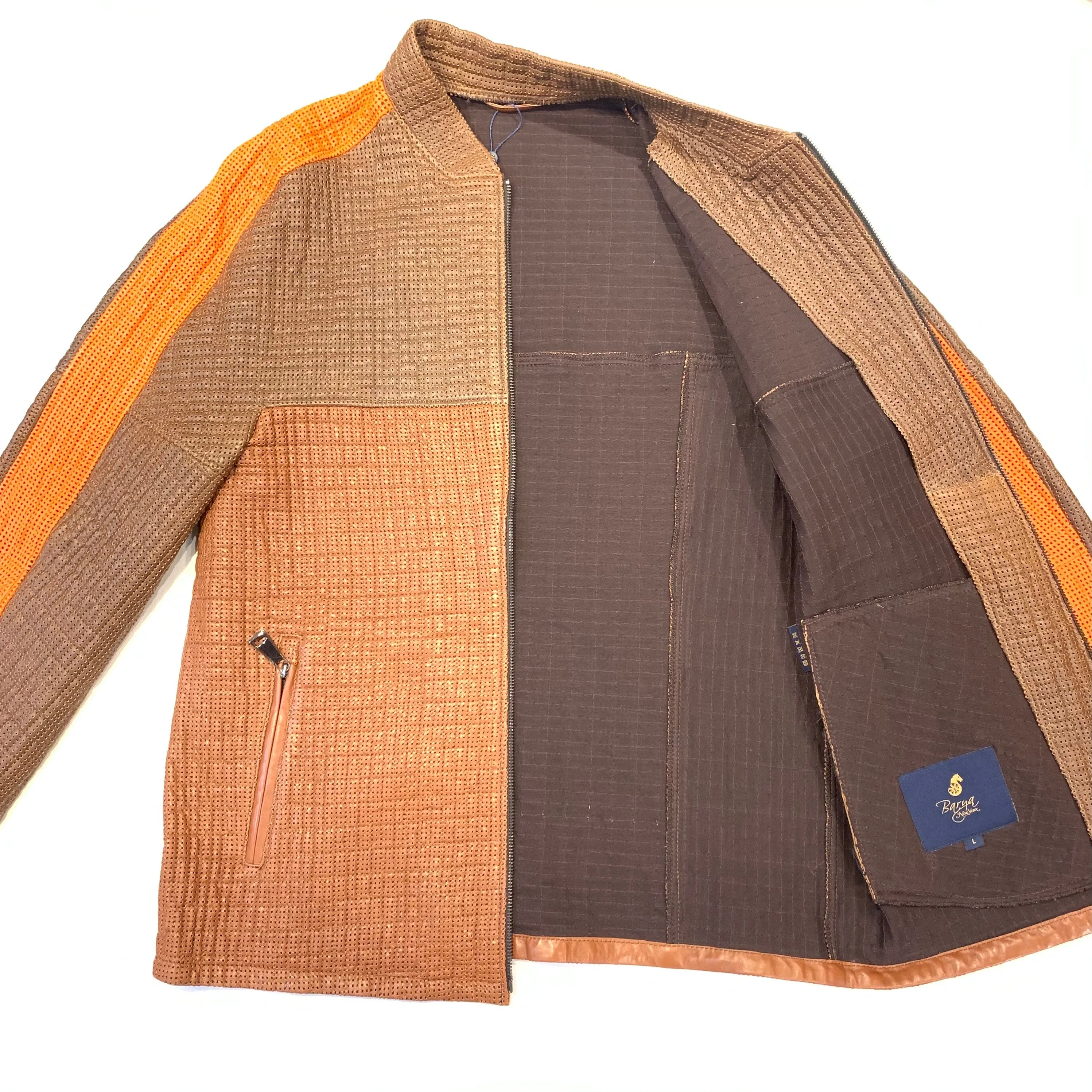 Barya NewYork Brown Orange 3-tone Perforated Lambskin Jacket
