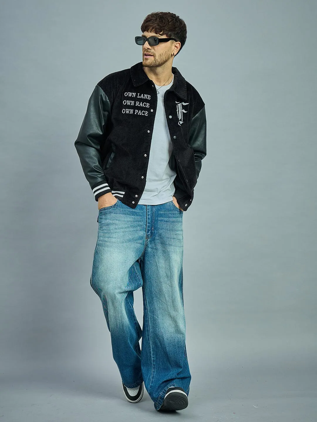 Black Corduroy Faux Leather Sleeves Varsity Jacket