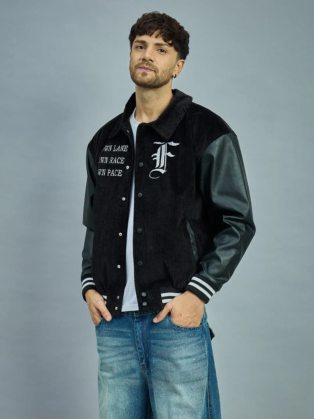 Black Corduroy Faux Leather Sleeves Varsity Jacket
