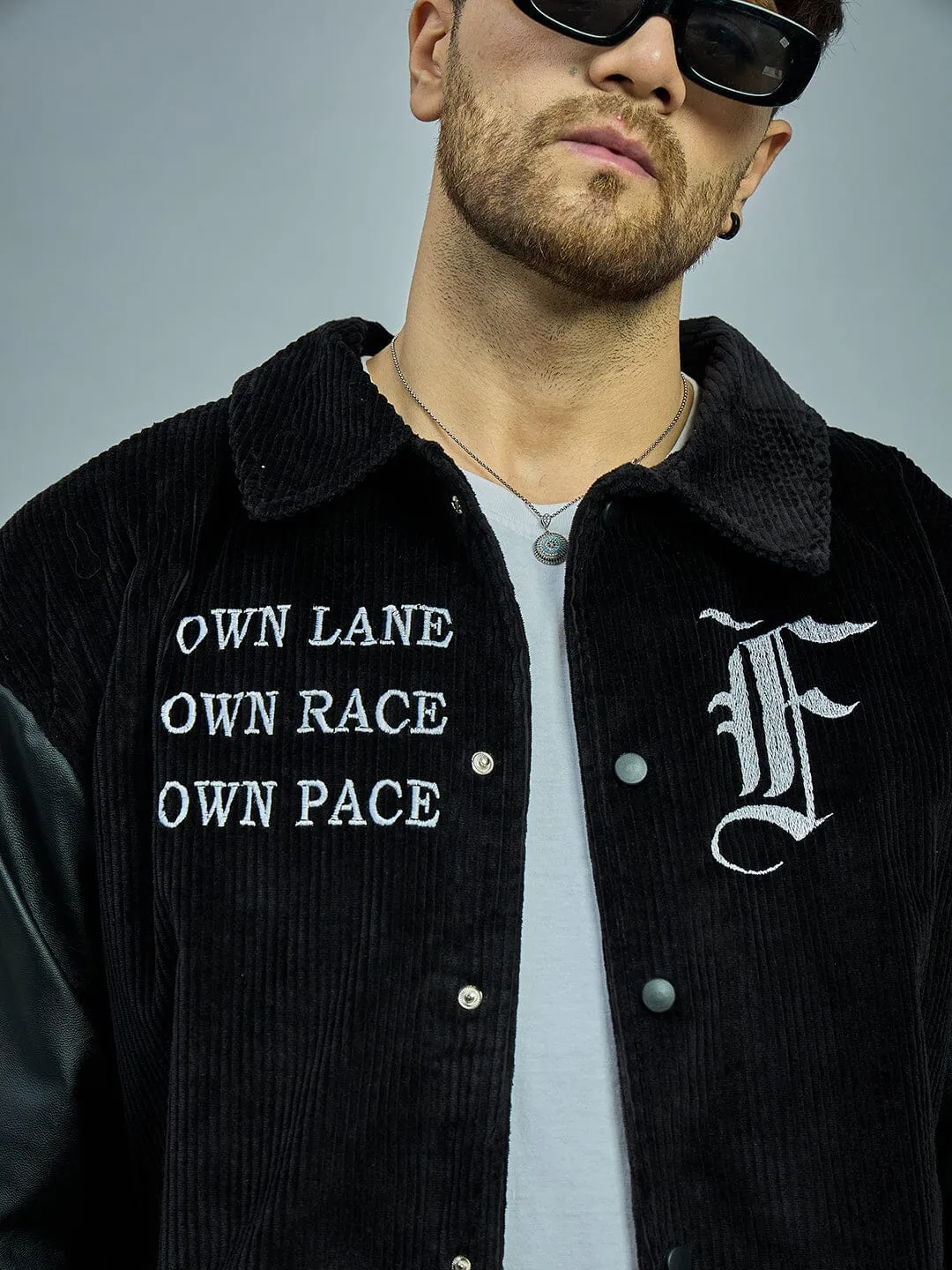 Black Corduroy Faux Leather Sleeves Varsity Jacket