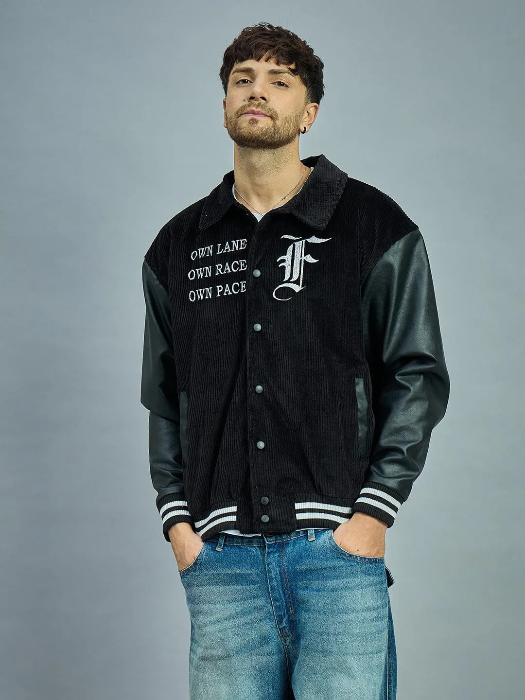 Black Corduroy Faux Leather Sleeves Varsity Jacket