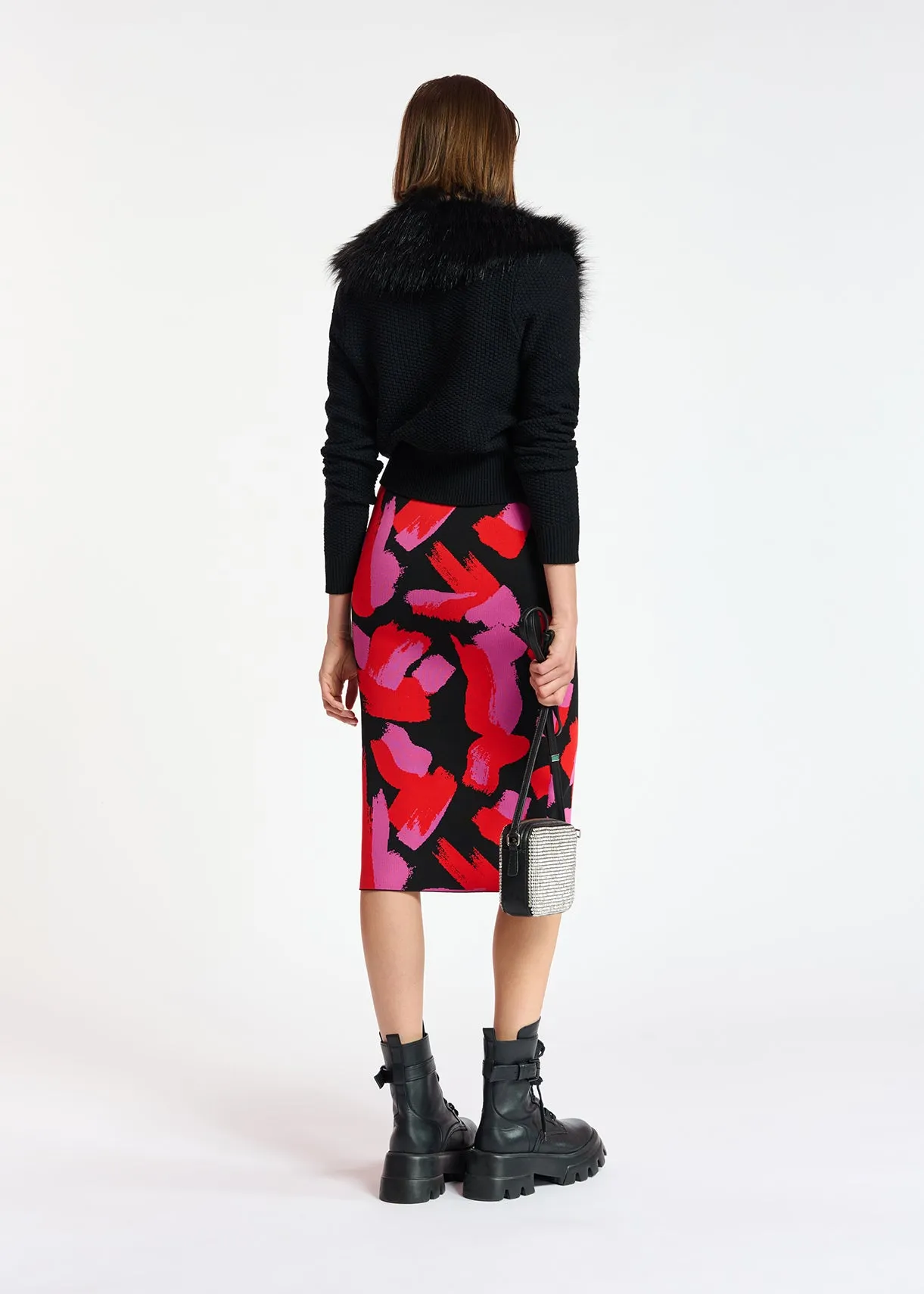 Black, red and fuchsia jacquard-knit midi skirt