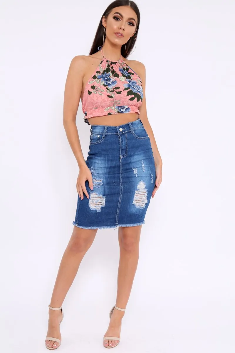 Blue Denim Distressed Pencil Skirt - Adely