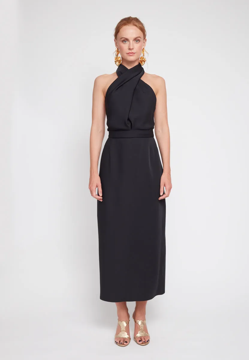 CELIA black X neck midi party dress