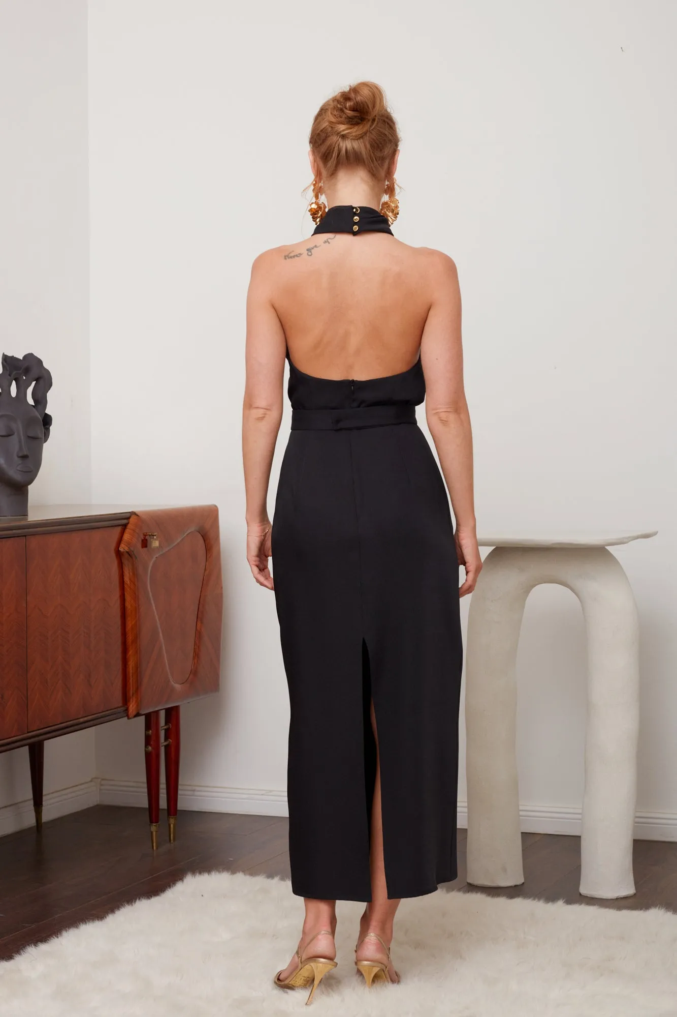 CELIA black X neck midi party dress