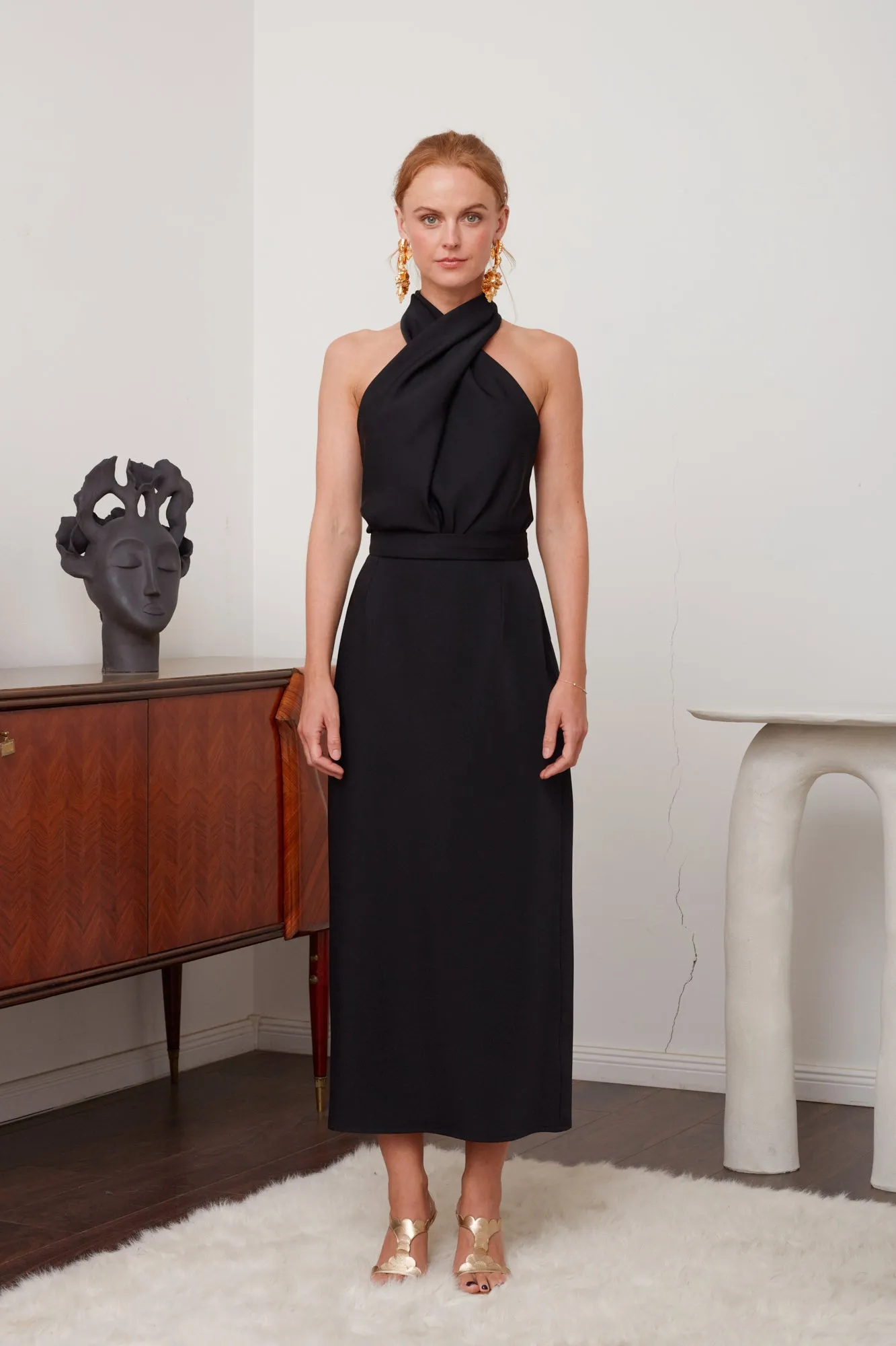 CELIA black X neck midi party dress