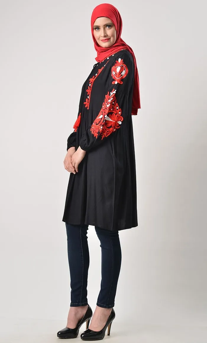 Classic Heavy  Embroidered Tunic-Black