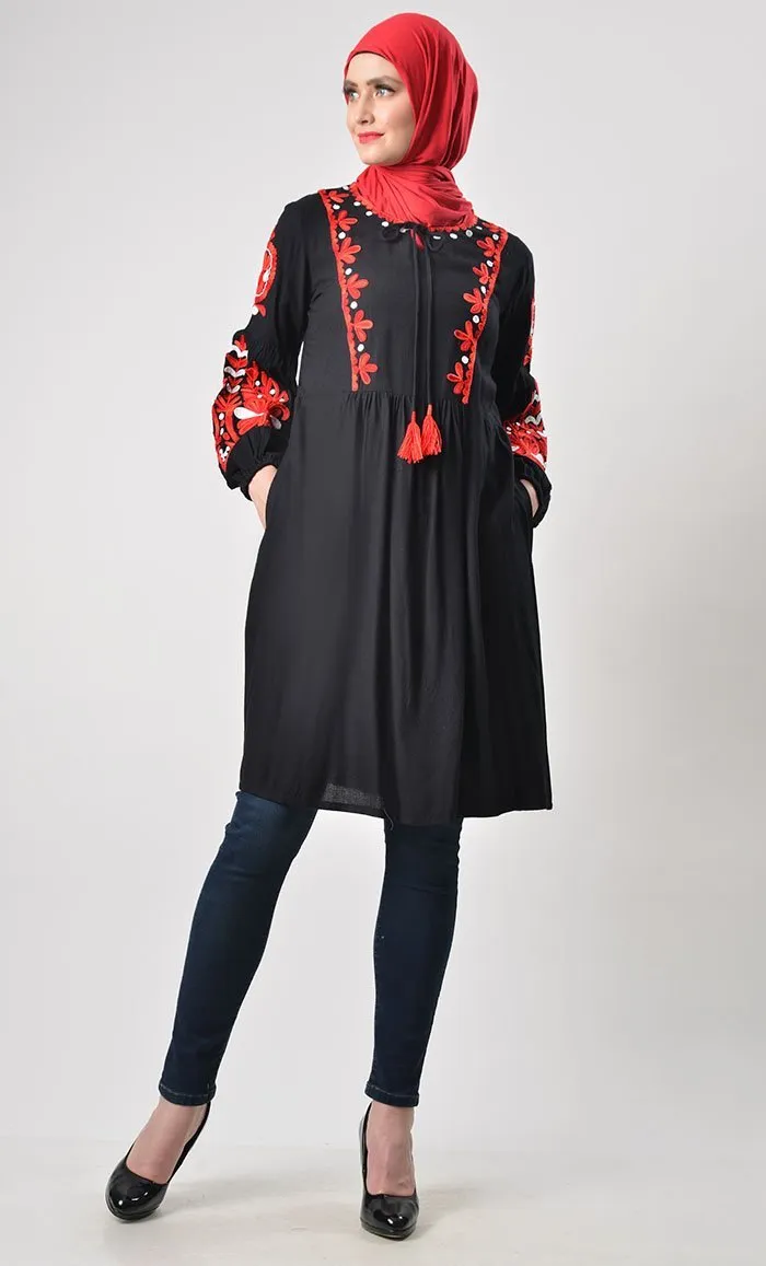 Classic Heavy  Embroidered Tunic-Black