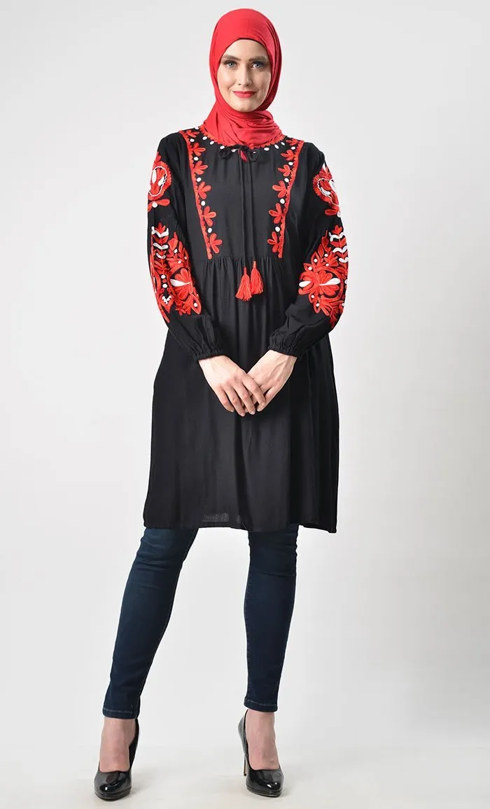 Classic Heavy  Embroidered Tunic-Black