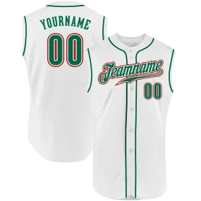 Custom White Kelly Green-Red Authentic Sleeveless Baseball Jersey