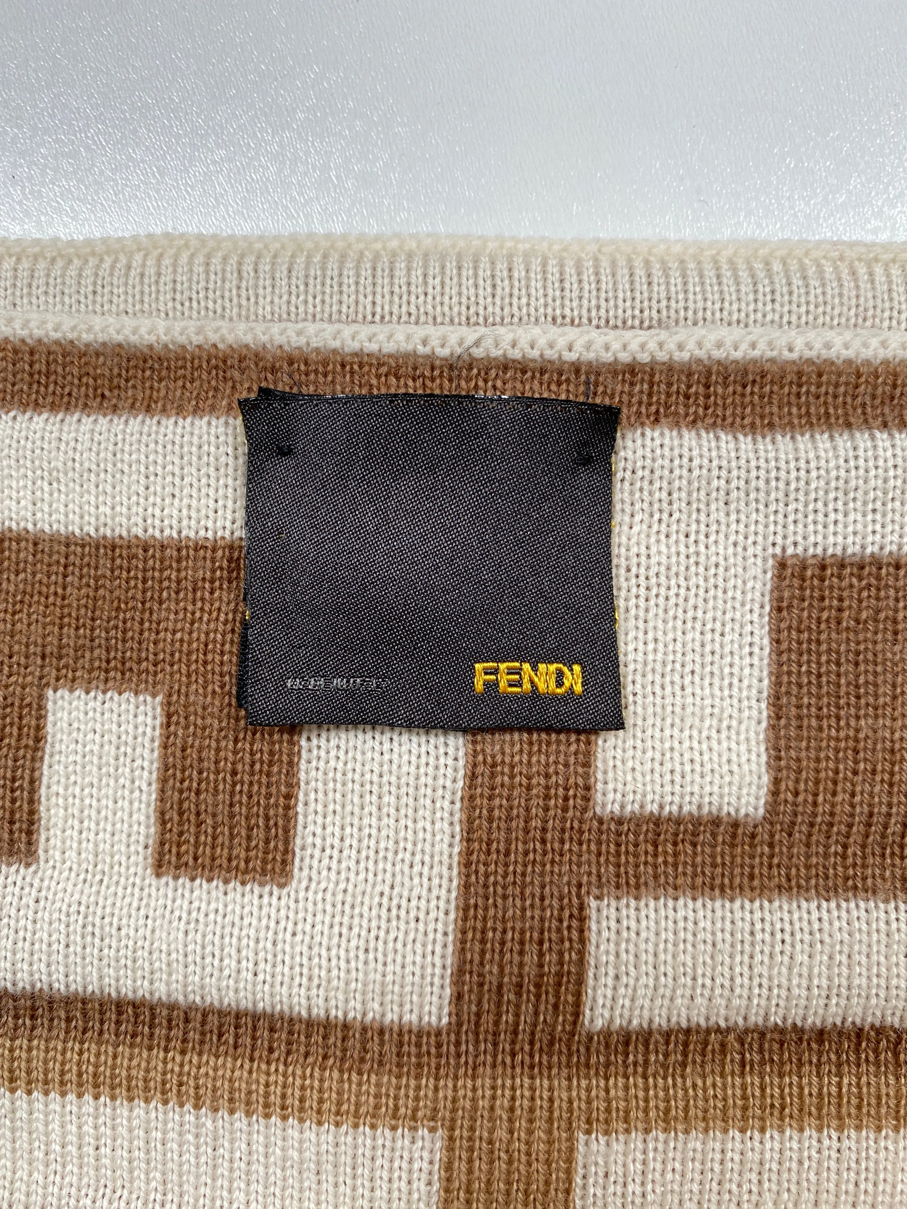 FENDI - FF KNIT SCARF 100% WOOL CREAM BEIGE BROWN - 166 x 25 CM