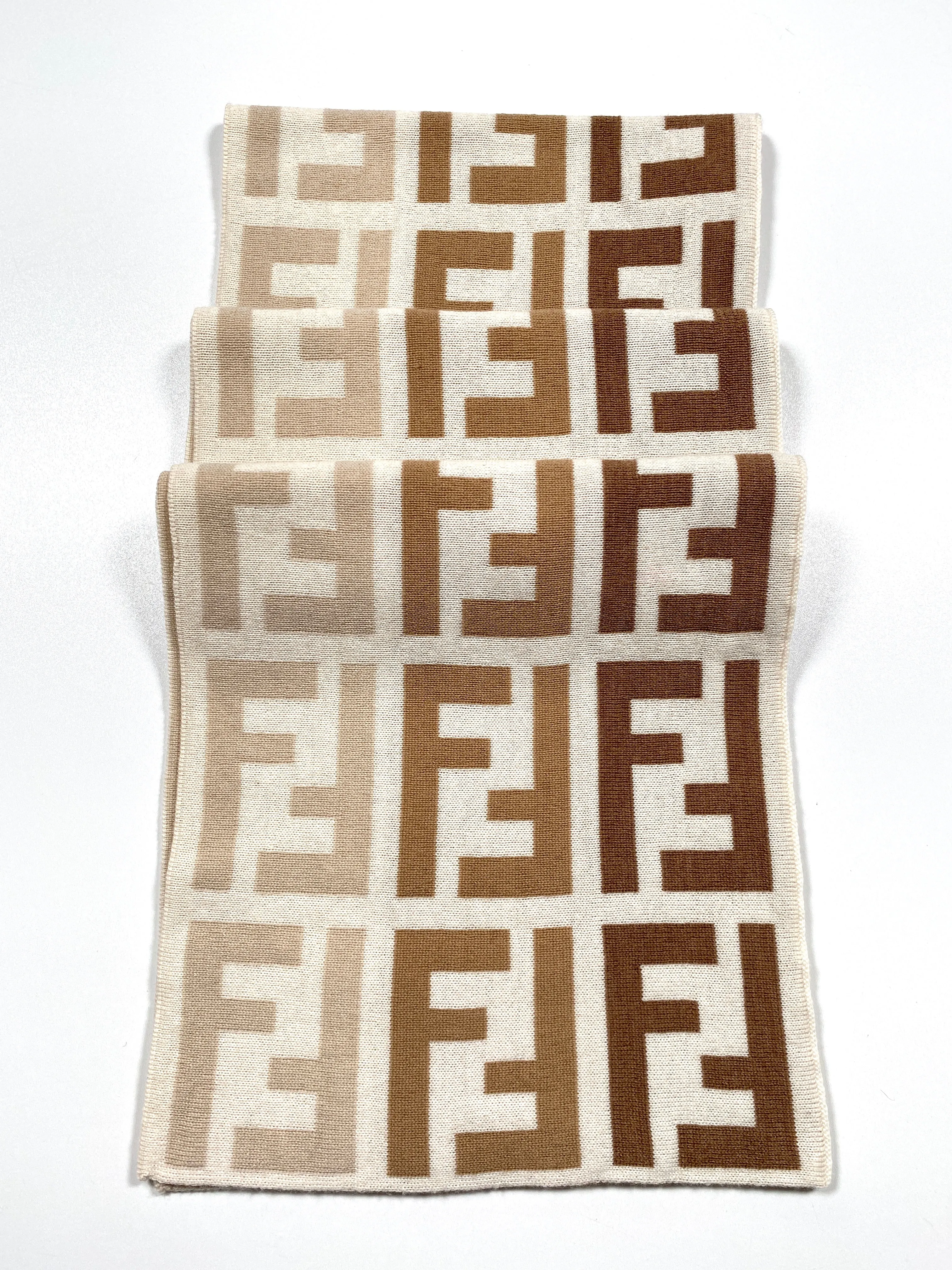 FENDI - FF KNIT SCARF 100% WOOL CREAM BEIGE BROWN - 166 x 25 CM