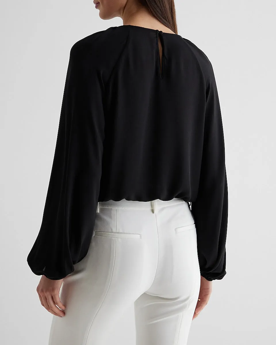 Gathered Neck Balloon Sleeve Top in Pitch Black