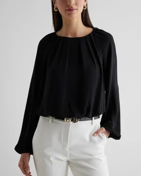 Gathered Neck Balloon Sleeve Top in Pitch Black