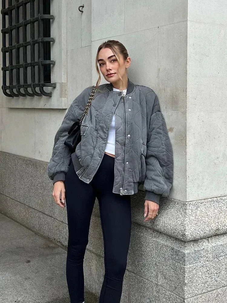 Grey Quilted Padded Women Bomber Cotton Coat Single Breasted Stand Collar Vintage Jacket 2023 Autumn Winter Chic Casual Outwears