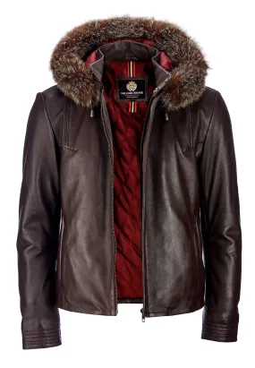 Hooded Leather Jacket - Brown
