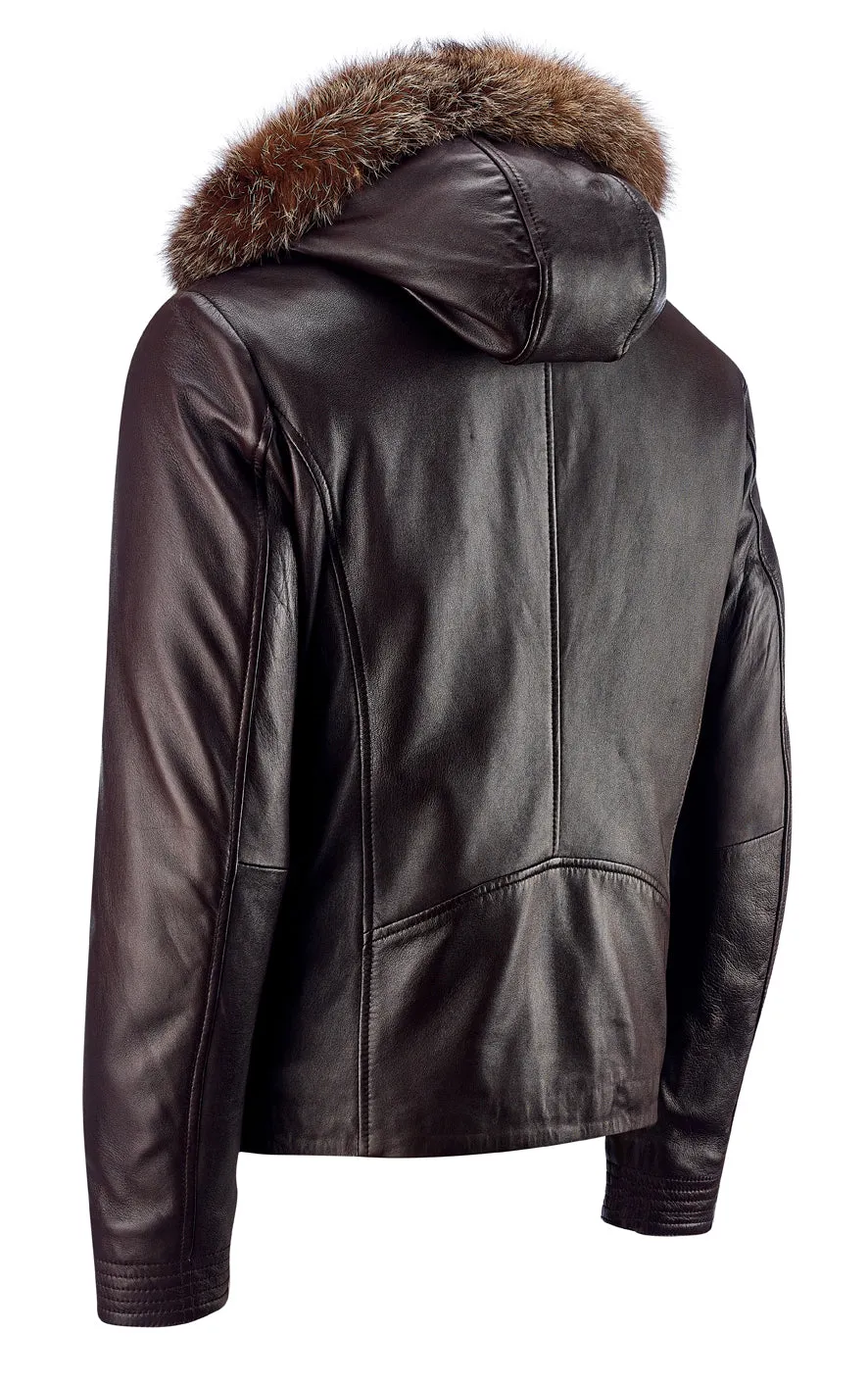 Hooded Leather Jacket - Brown