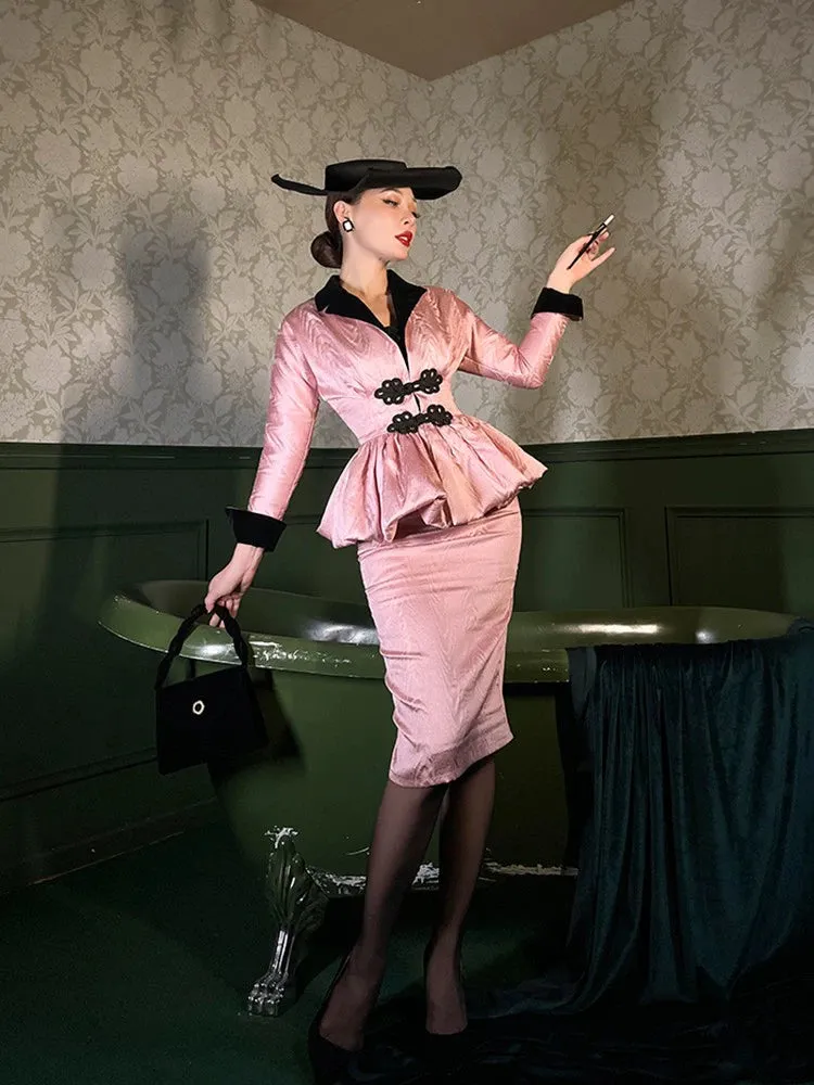 Le Palais Vintage Elegant Pink Brocade High-Waist Hip Pencil Skirt-Selene