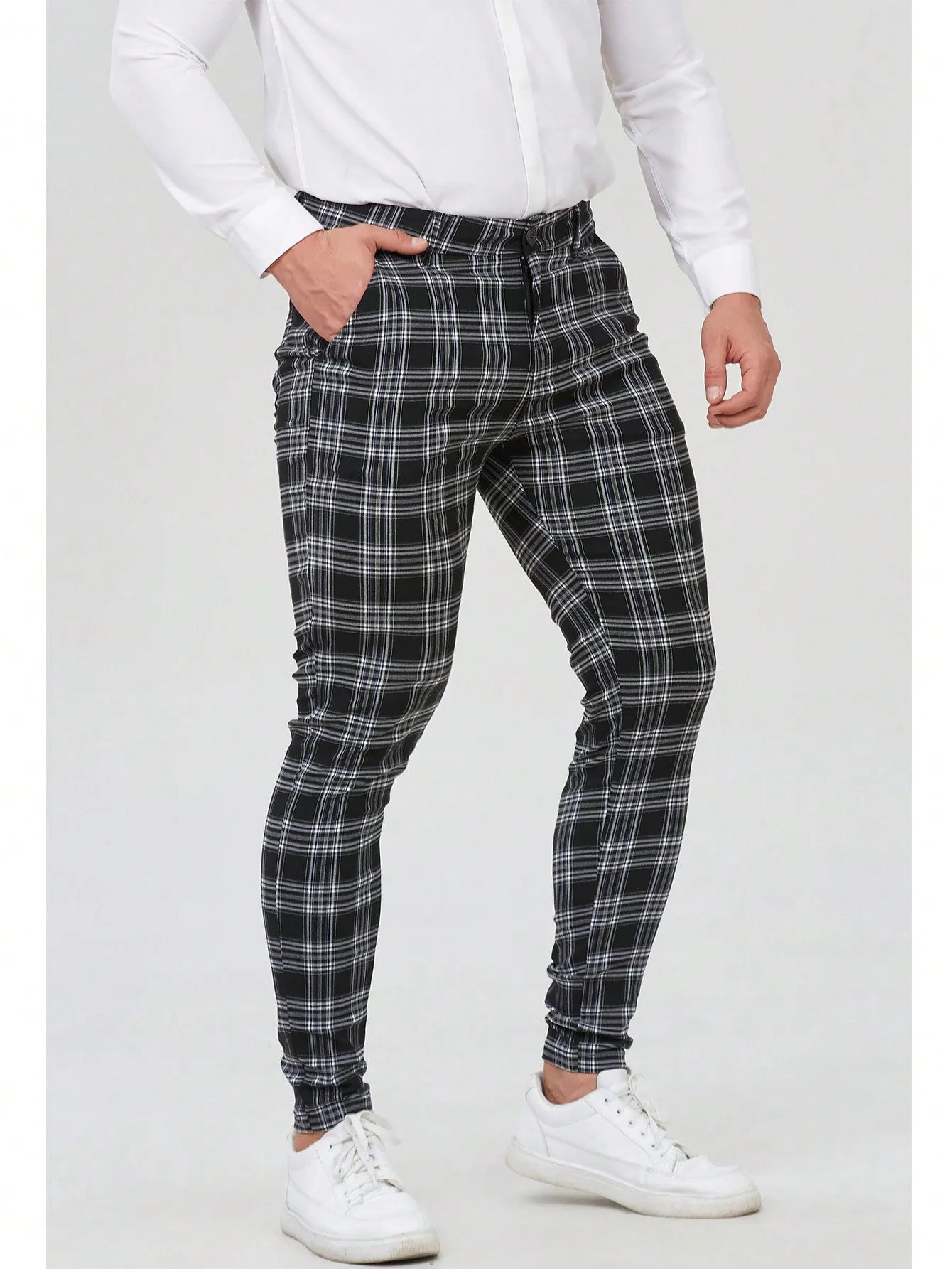Mens Checked Dress Pants Slim Fit Stretch Chinos Plaid Pants for Men