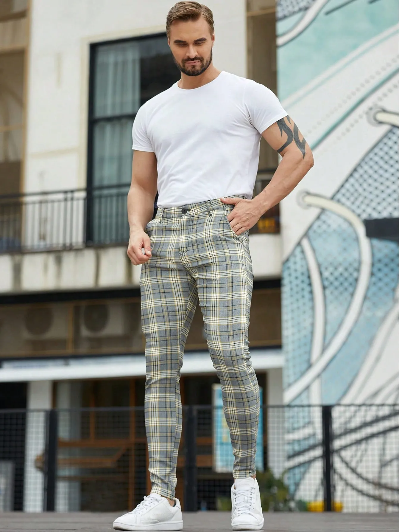 Mens Checked Dress Pants Slim Fit Stretch Chinos Plaid Pants for Men