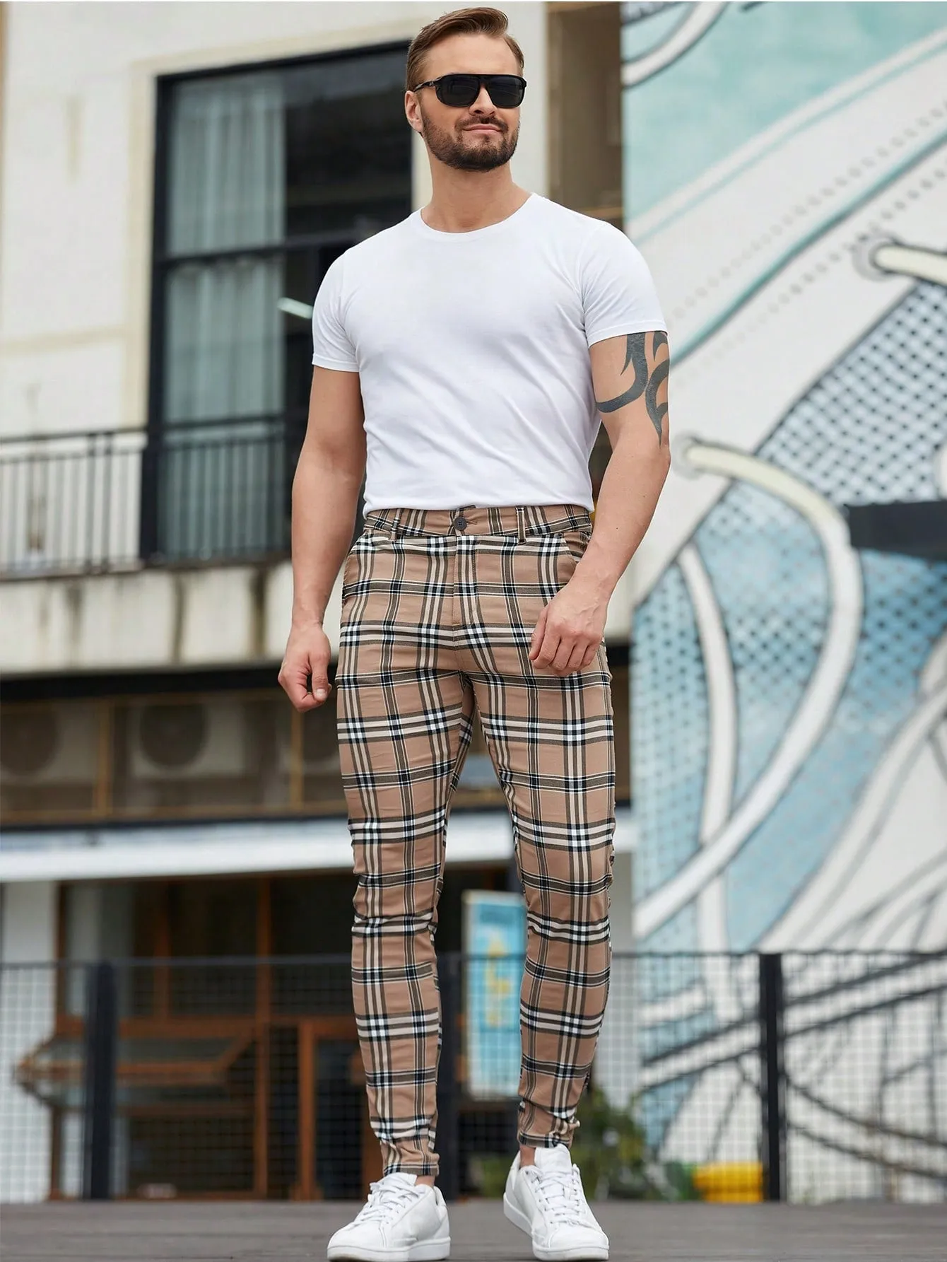 Mens Checked Dress Pants Slim Fit Stretch Chinos Plaid Pants for Men