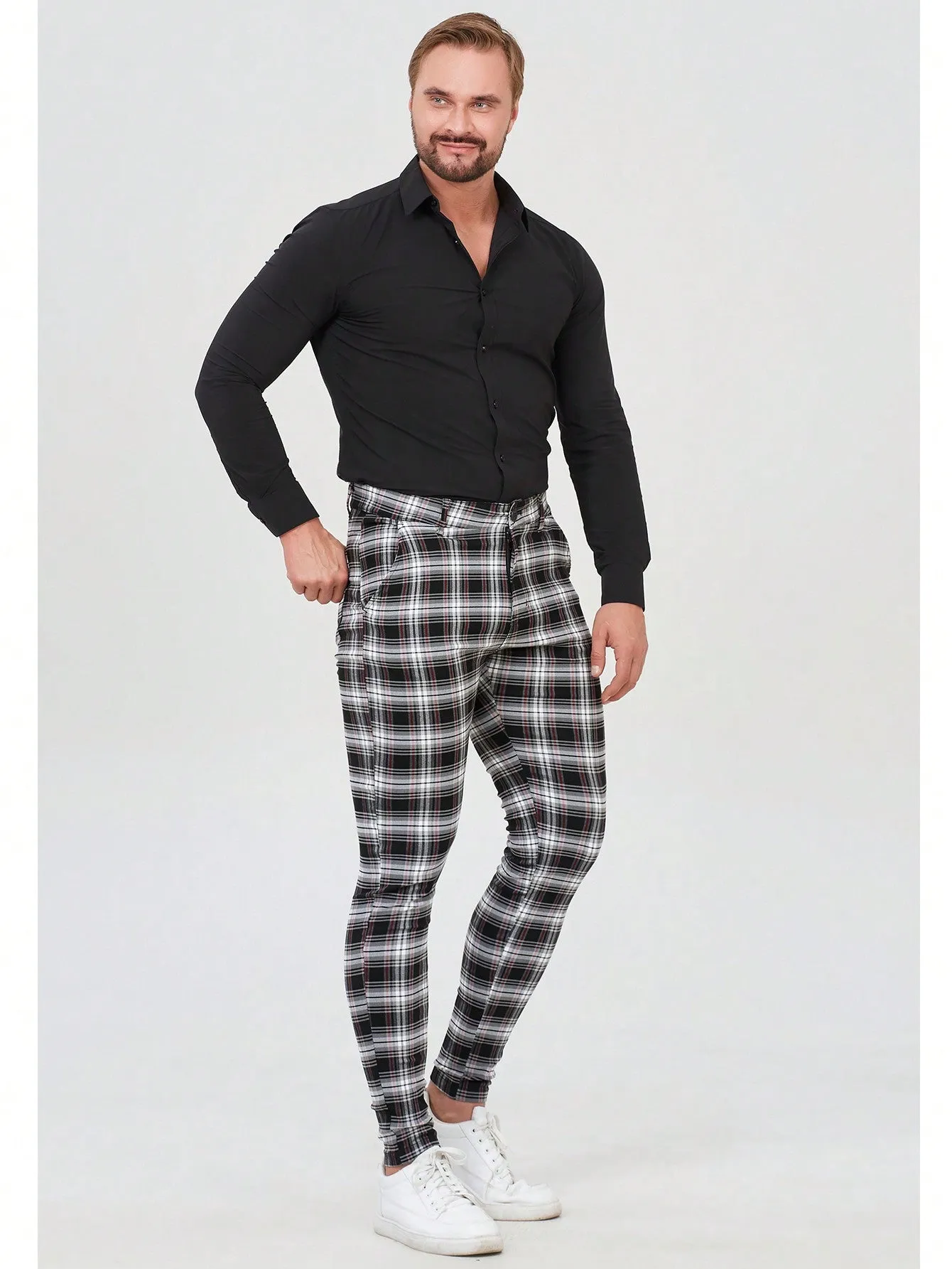 Mens Checked Dress Pants Slim Fit Stretch Chinos Plaid Pants for Men