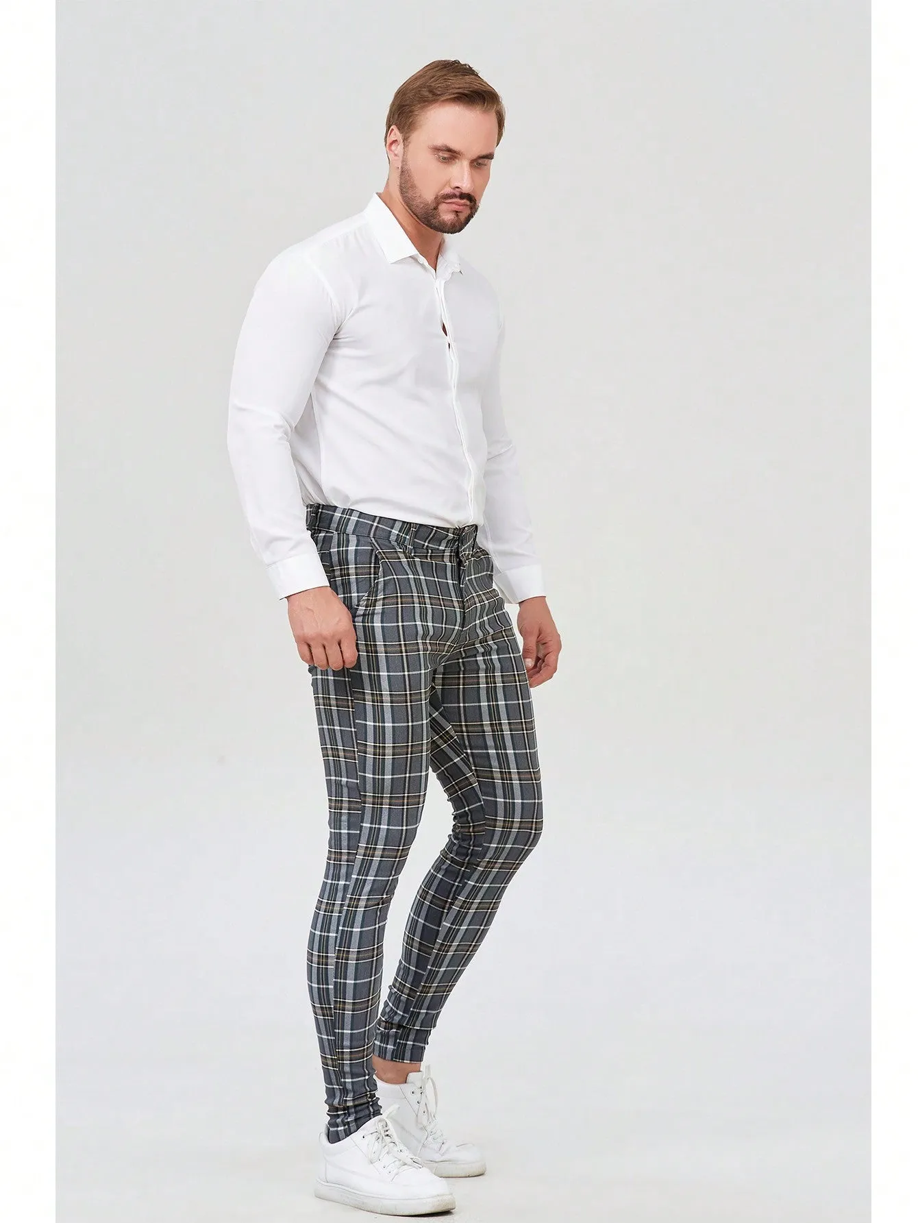Mens Checked Dress Pants Slim Fit Stretch Chinos Plaid Pants for Men