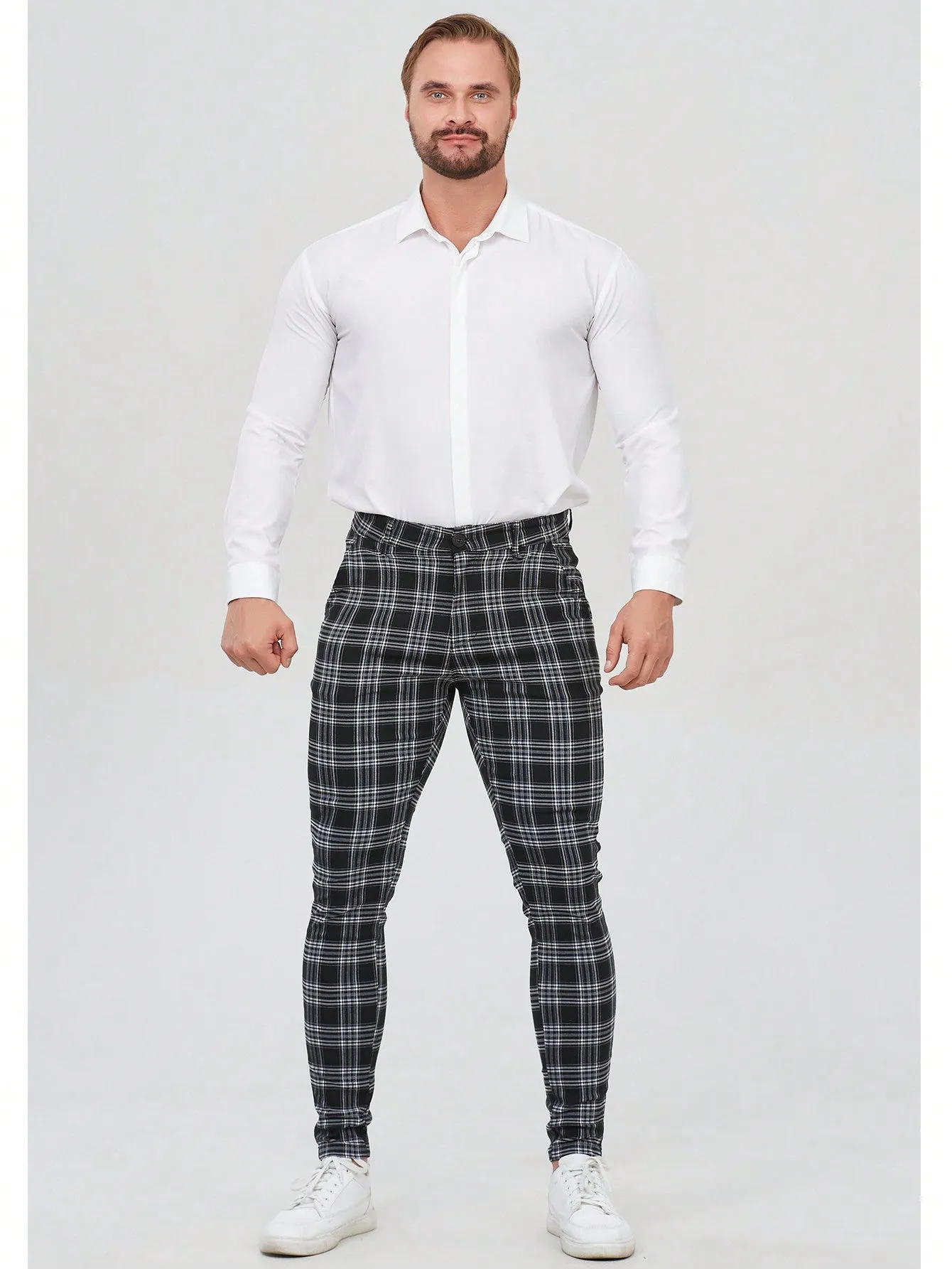 Mens Checked Dress Pants Slim Fit Stretch Chinos Plaid Pants for Men