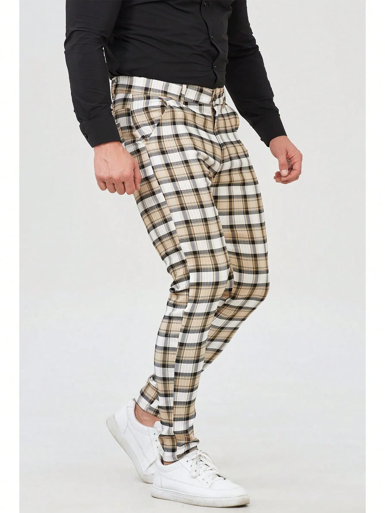 Mens Checked Dress Pants Slim Fit Stretch Chinos Plaid Pants for Men