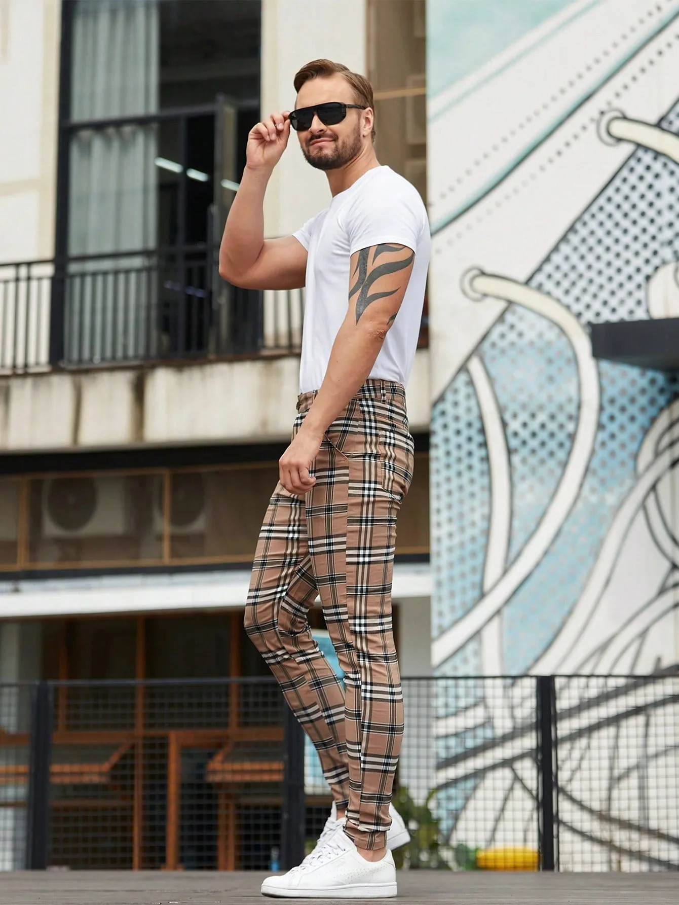 Mens Checked Dress Pants Slim Fit Stretch Chinos Plaid Pants for Men