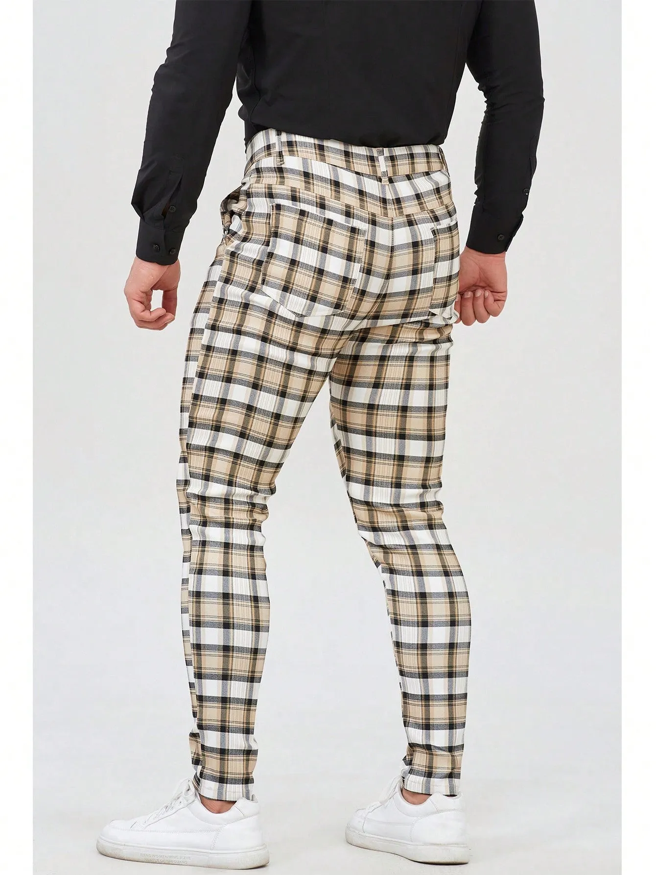 Mens Checked Dress Pants Slim Fit Stretch Chinos Plaid Pants for Men