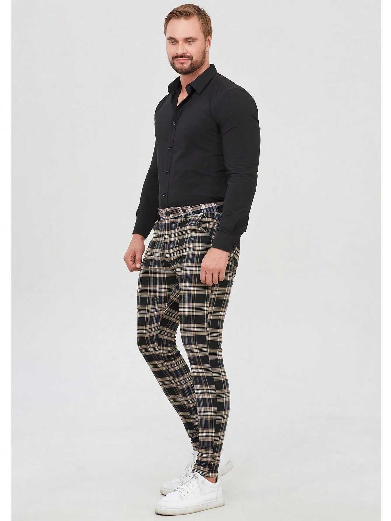Mens Checked Dress Pants Slim Fit Stretch Chinos Plaid Pants for Men