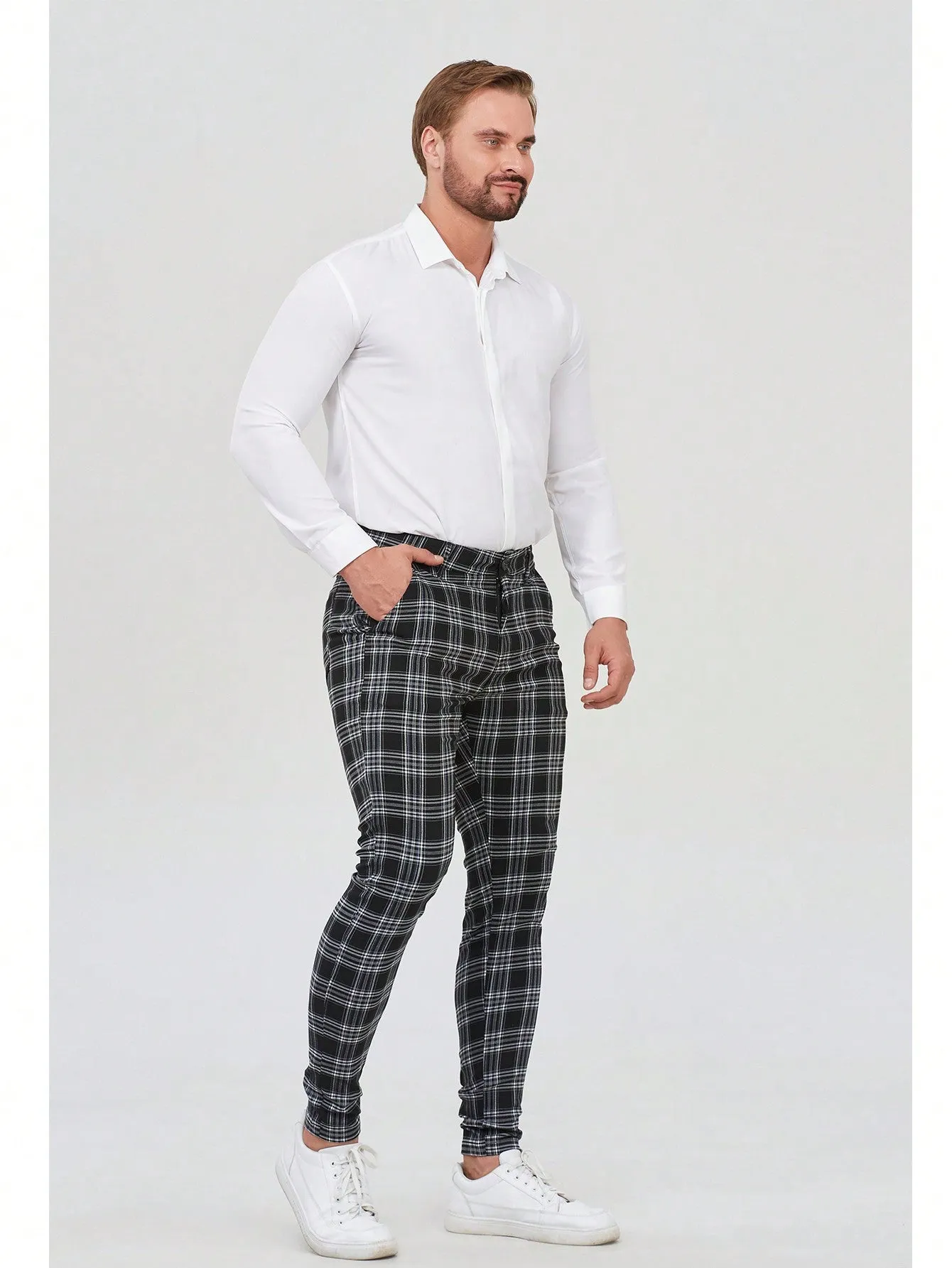 Mens Checked Dress Pants Slim Fit Stretch Chinos Plaid Pants for Men