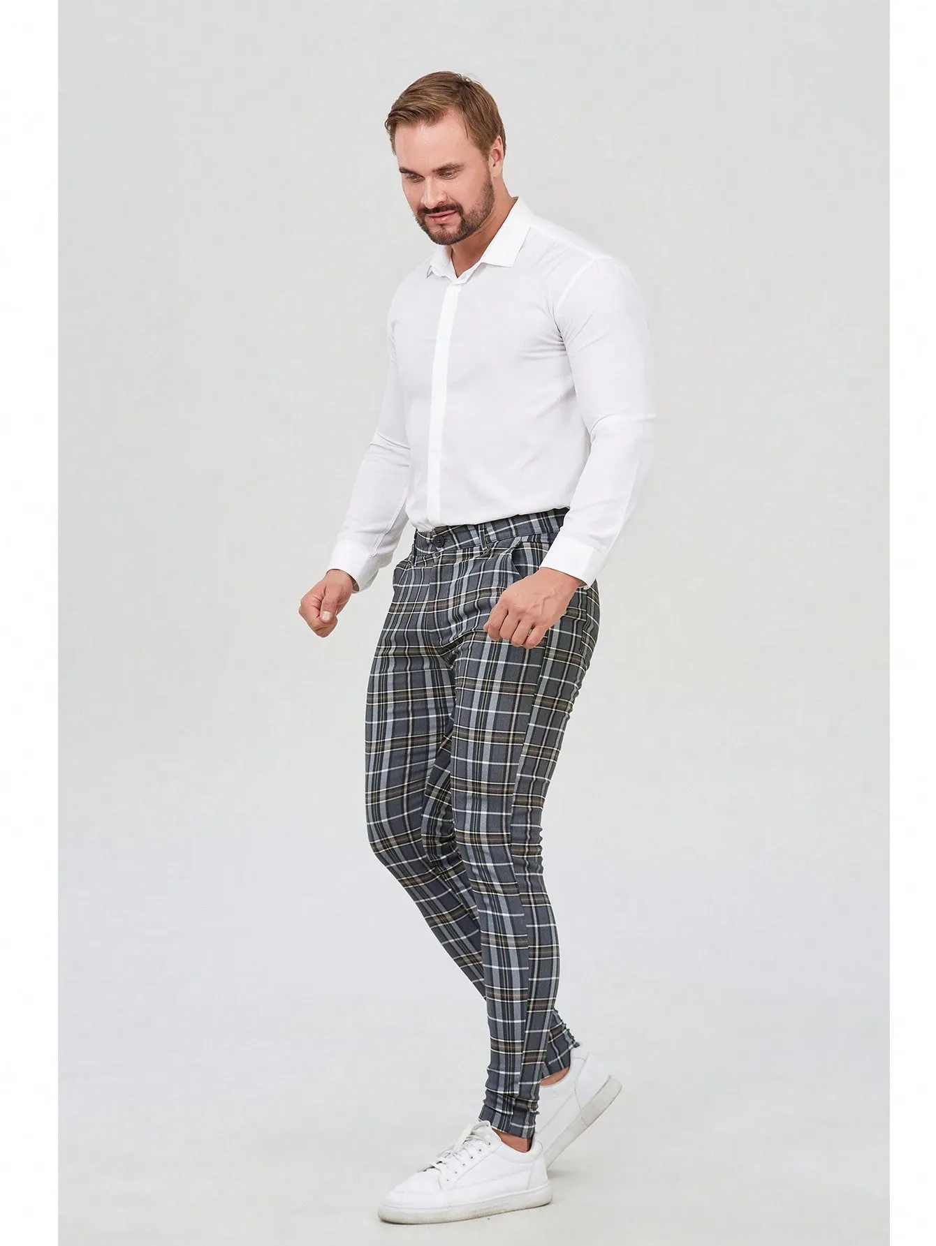 Mens Checked Dress Pants Slim Fit Stretch Chinos Plaid Pants for Men