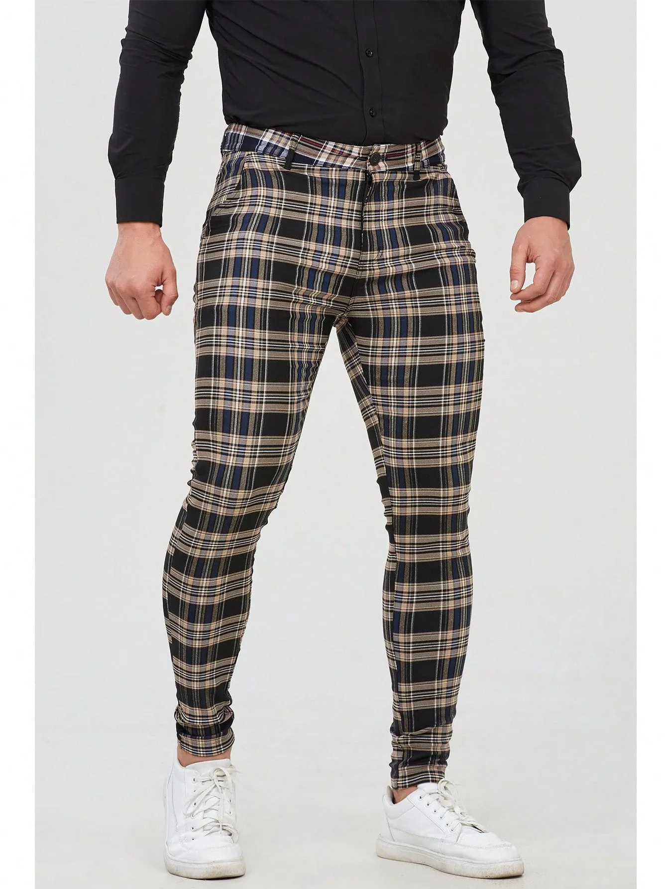 Mens Checked Dress Pants Slim Fit Stretch Chinos Plaid Pants for Men