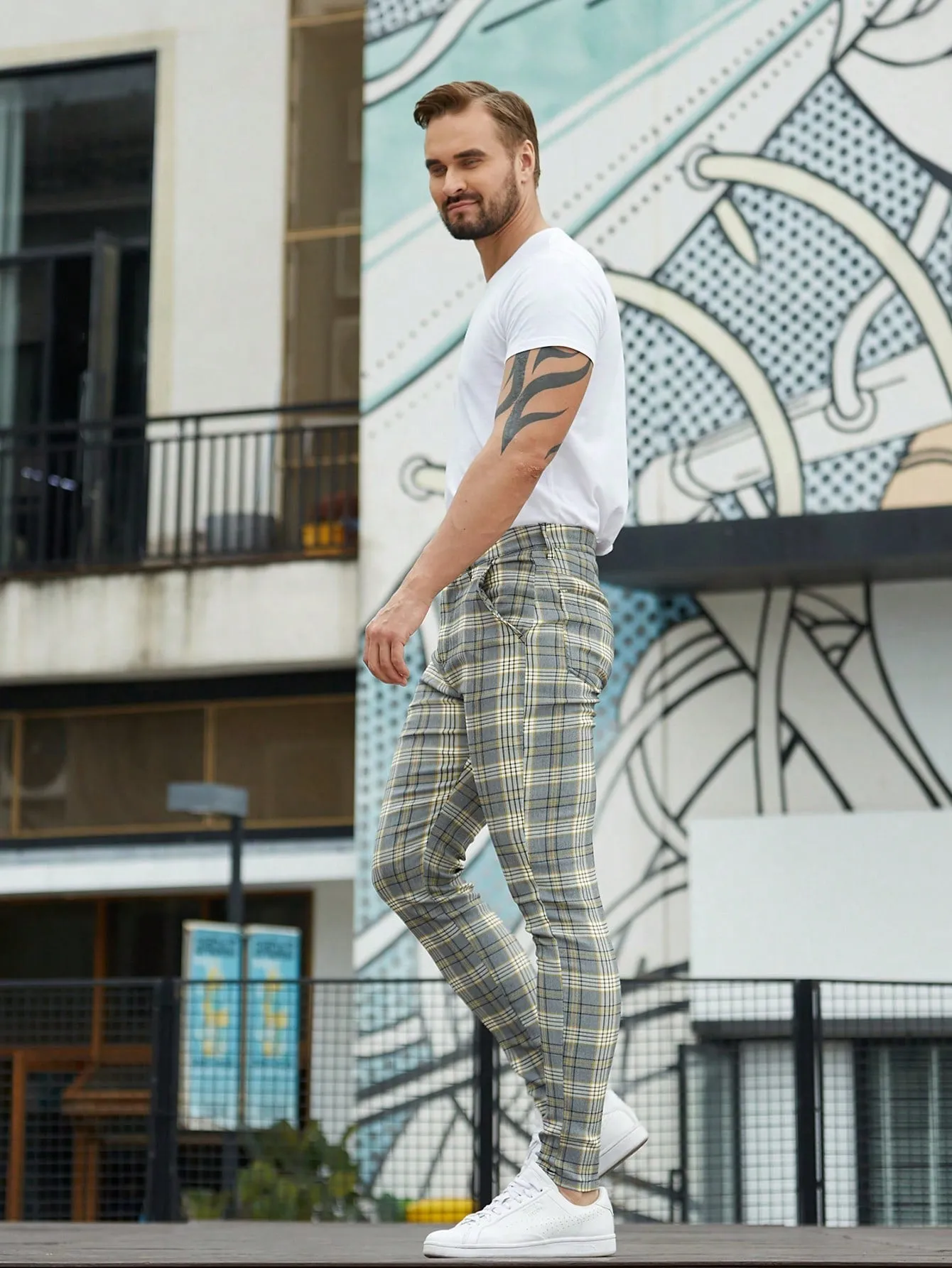 Mens Checked Dress Pants Slim Fit Stretch Chinos Plaid Pants for Men