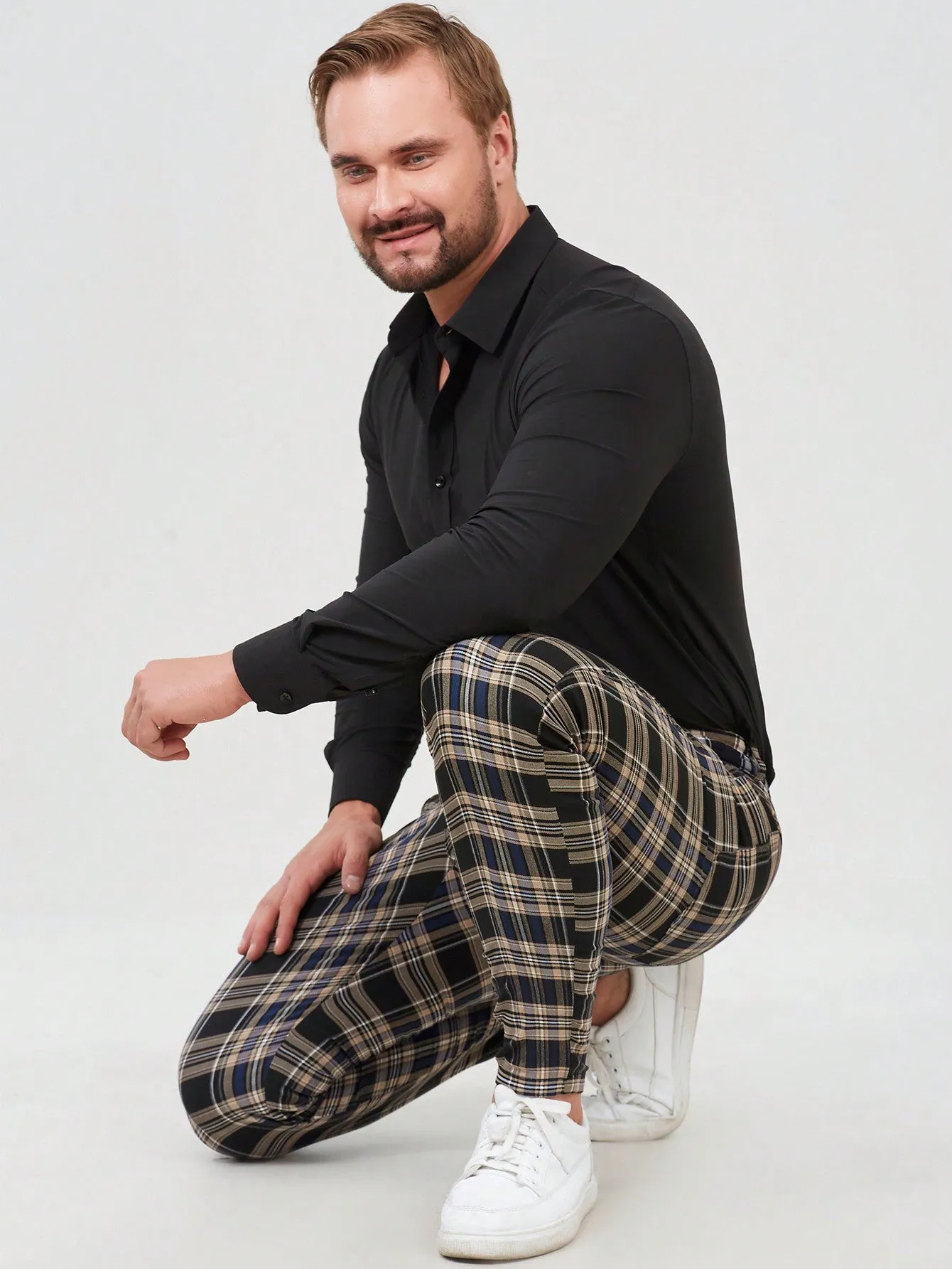 Mens Checked Dress Pants Slim Fit Stretch Chinos Plaid Pants for Men