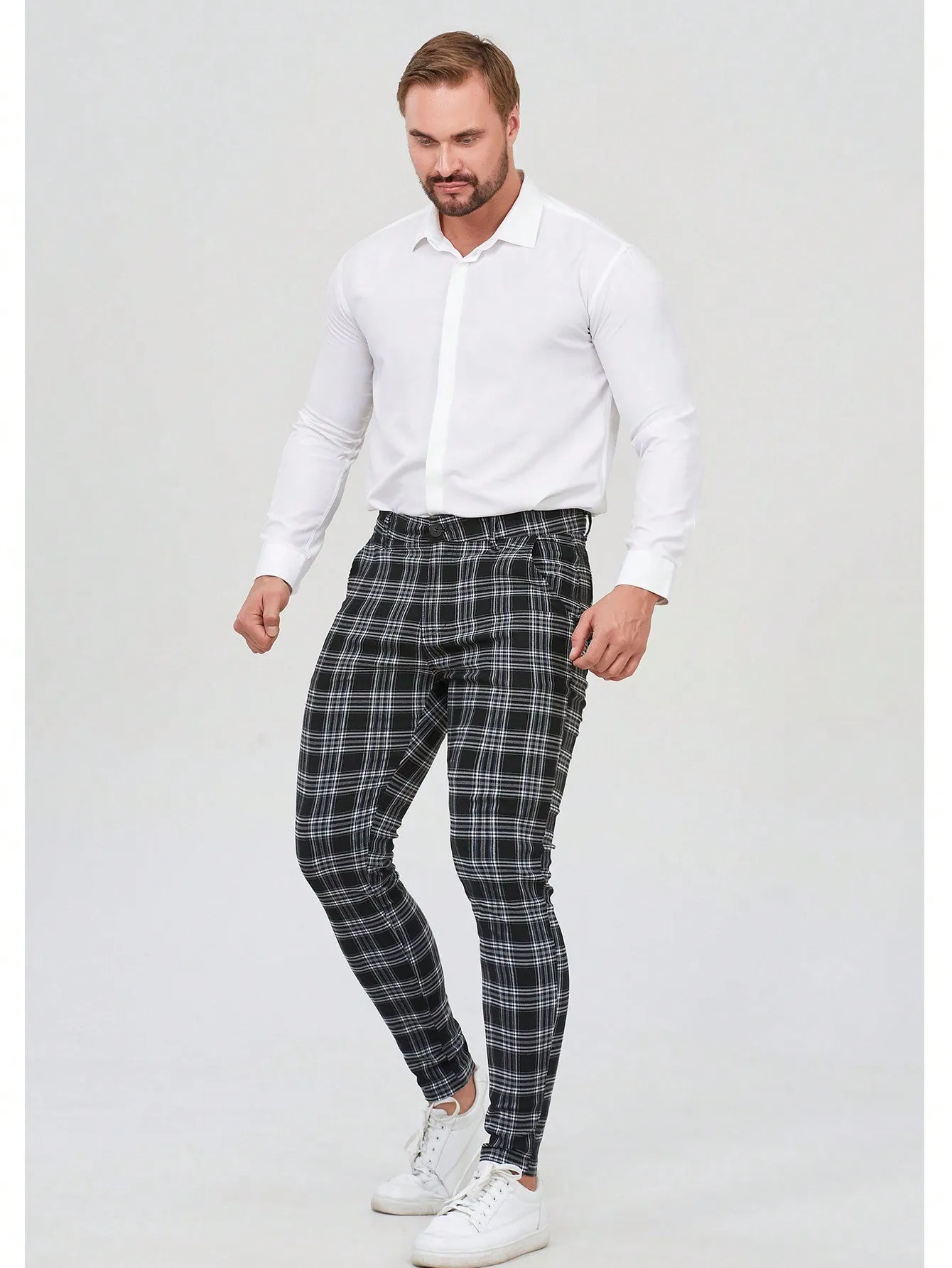 Mens Checked Dress Pants Slim Fit Stretch Chinos Plaid Pants for Men