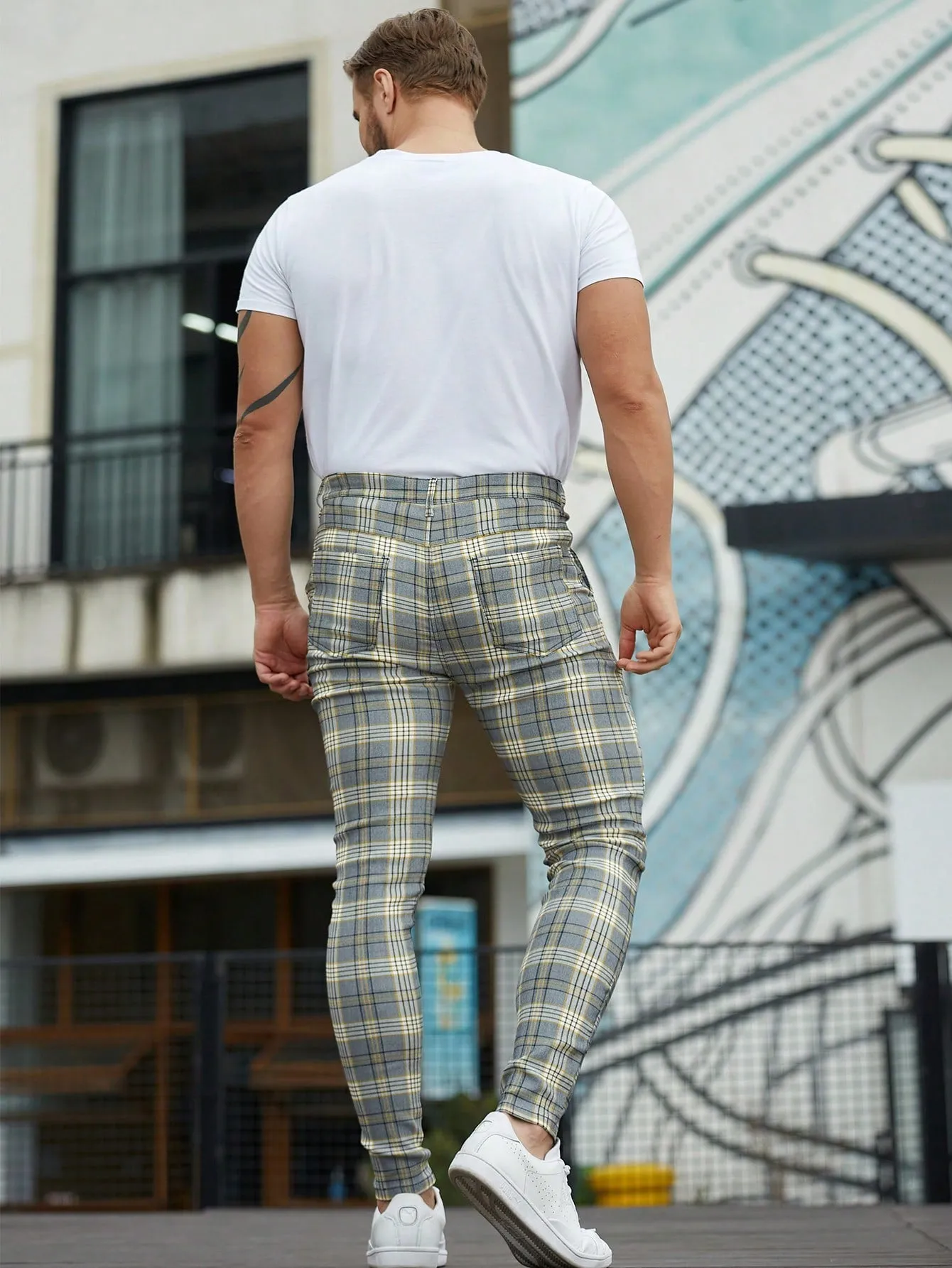 Mens Checked Dress Pants Slim Fit Stretch Chinos Plaid Pants for Men