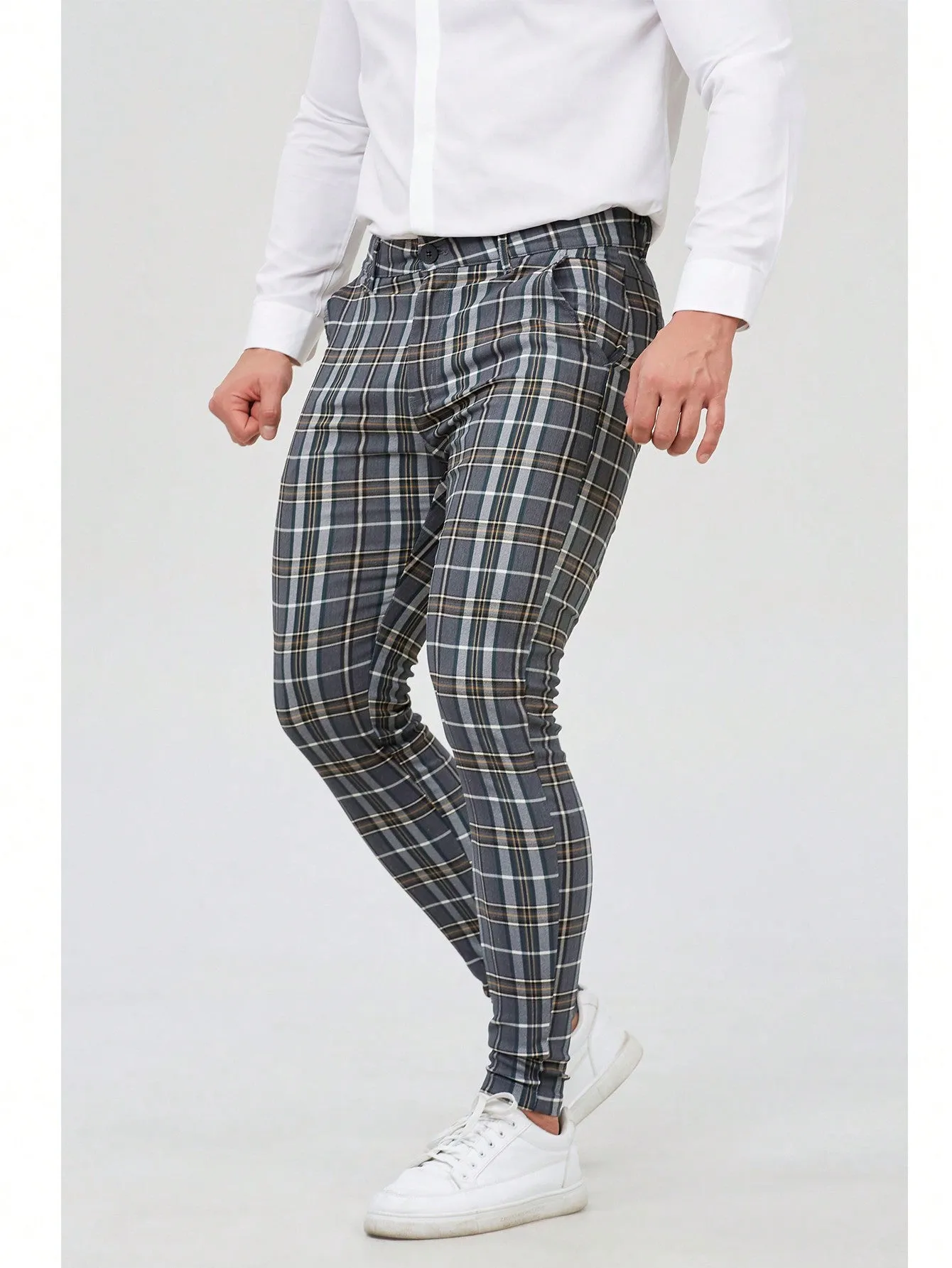 Mens Checked Dress Pants Slim Fit Stretch Chinos Plaid Pants for Men