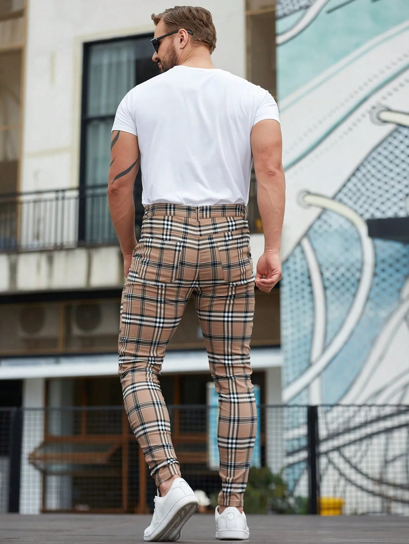 Mens Checked Dress Pants Slim Fit Stretch Chinos Plaid Pants for Men