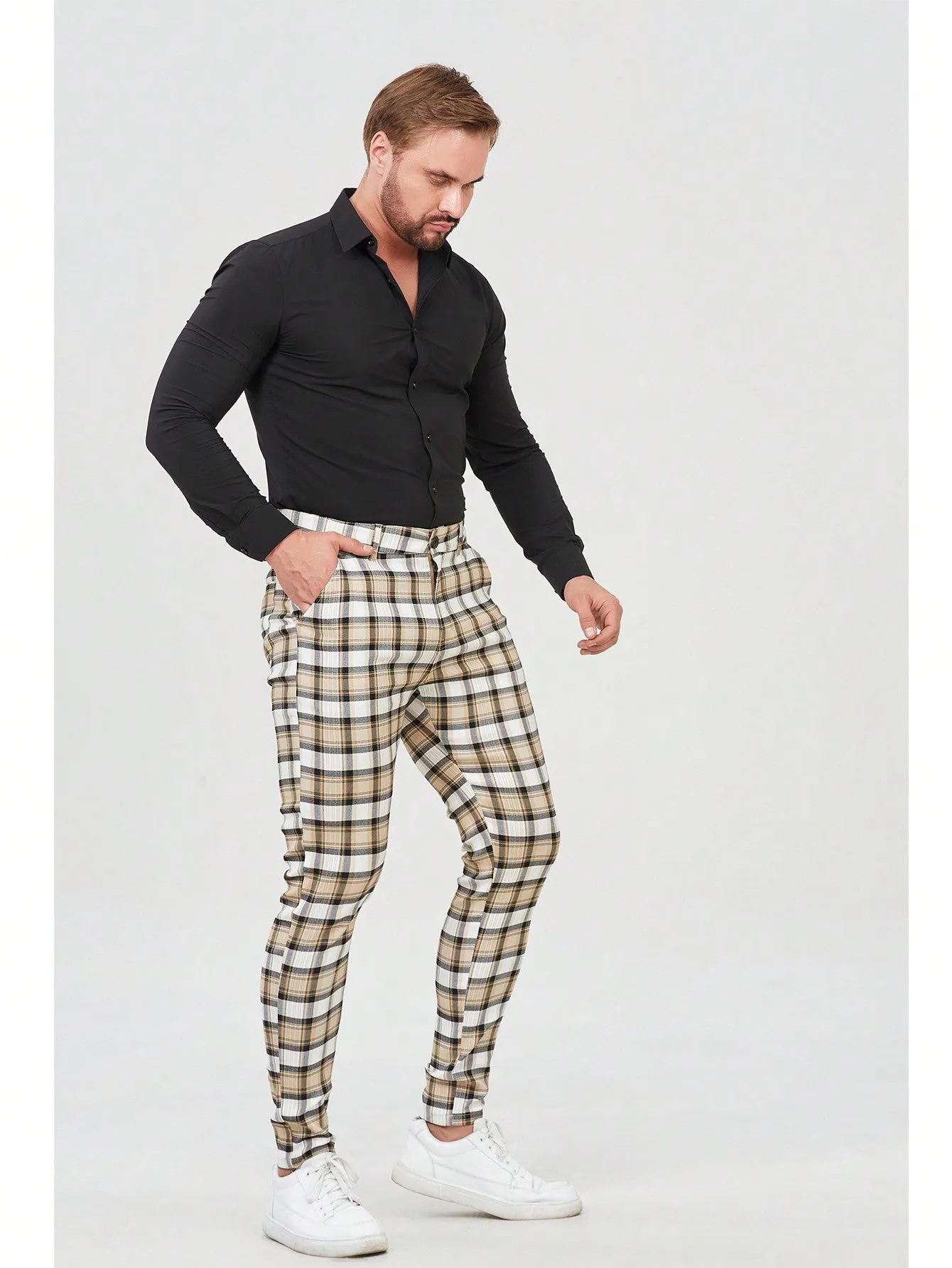 Mens Checked Dress Pants Slim Fit Stretch Chinos Plaid Pants for Men