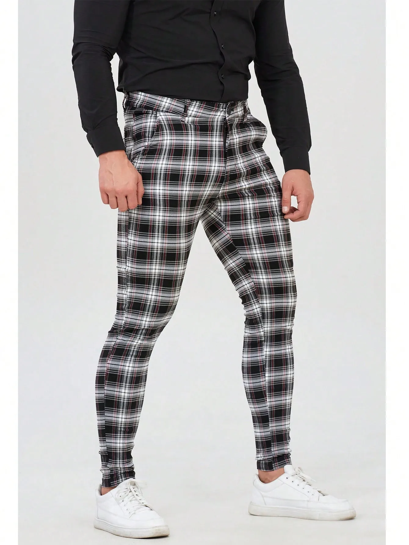 Mens Checked Dress Pants Slim Fit Stretch Chinos Plaid Pants for Men